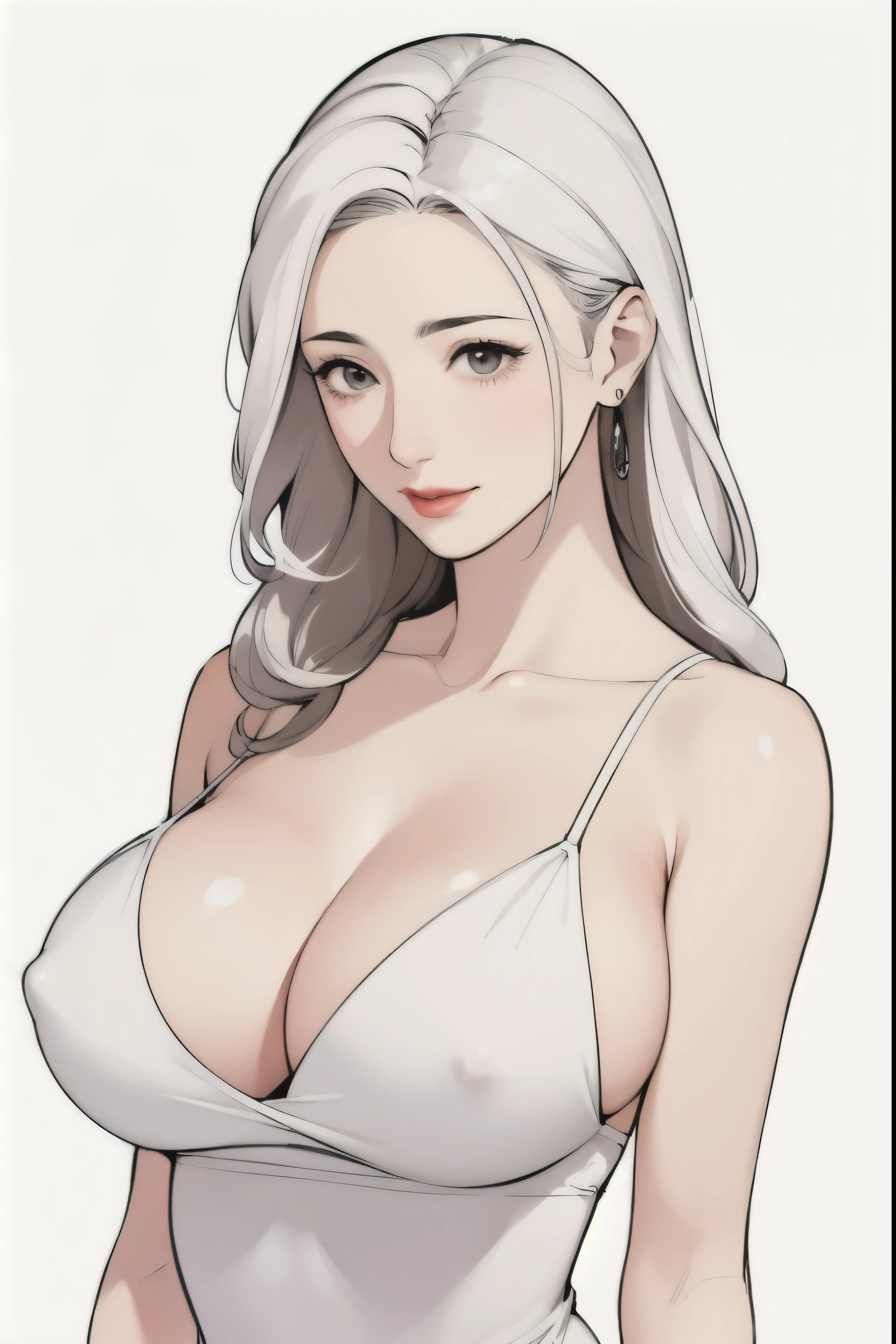 diona shin, standing, portrait, red lips, nsfw,  standing, portrait,  (masterpiece, best quality), solo, looking at viewer, upper body, standing, fw.dona.shin, mature female, sexy, hot, white hair, diona shin, white background, white hair, very soft breast  , soft breast , milf, milf face, tease, detail face, cleavage , large breast, perky breasts, portrait, cowboy shot, square lips, long hair, very long hair, white hair, curly hair, earrings , smirk, chubby , milf, milf face, 