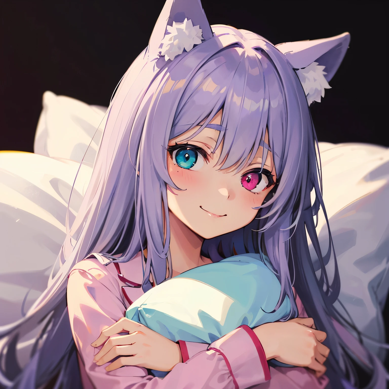 close-up portrait of ((solo catgirl)) hugging a pillow, light violet hair, nekomimi, simple plain background, innocent smile, pajamas, masterpiece, heterochromia, polychromia