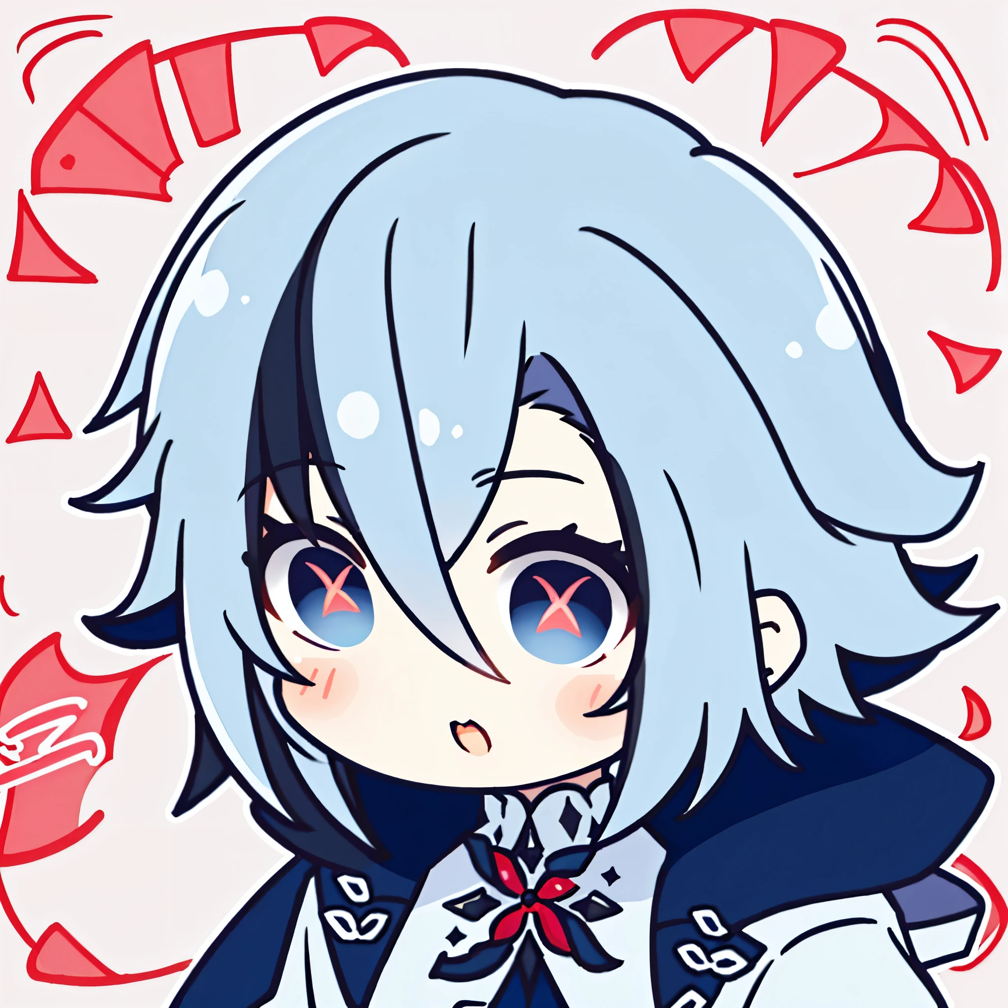 1girl,Arlecchino,(chibi:1.2),confused, white short hair, blue eyes with red x-shaped pupils, wearing white suit,red cheeks, puffy cheeks,face focus:1.7
