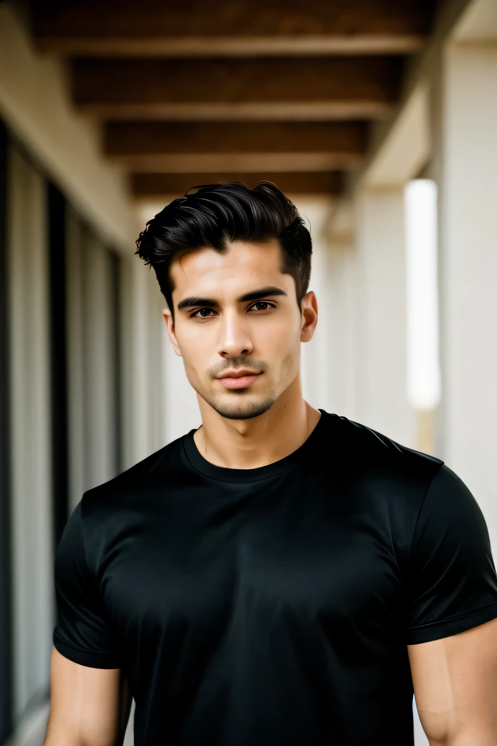 RAW photo, face portrait photo of super handsome 26 y.o male, serious cold face, sharp jawline, stubble, full lips, romance super handsome male character, wearing black t-shirt, dominant, color image, unreal good looks, Spanish man, oval face, hard shadows, cinematic shot, dramatic lighting