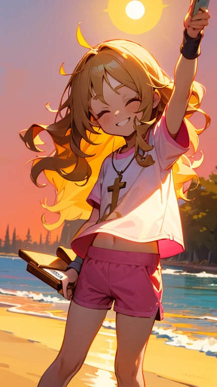 a cute 6 year old church girl named Anna, both brownish blonde hair, long wavy hair, short sleeved sport jersey tshirt, pink shorts, cross necklace, holding an ipad, sunrise, slight smile, wristbands, barefoot, winking 