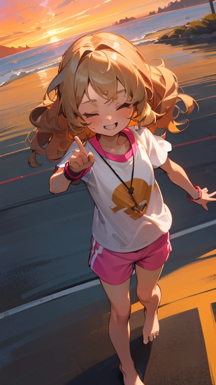 a cute 6 year old church girl named Anna, both brownish blonde hair, long wavy hair, short sleeved sport jersey tshirt, pink shorts, cross necklace, holding an ipad, sunrise, slight smile, wristbands, barefoot, winking