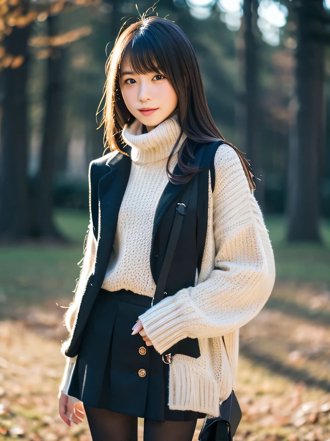 (masterpiece:1.2), super high quality, ((japanese girl)), (Super realistic), (Super Photo Style), 1 girl, sexy 18 year old girl, ((slender body)), outdoor, skirt, sweater, winter days, (Pitch black tights),