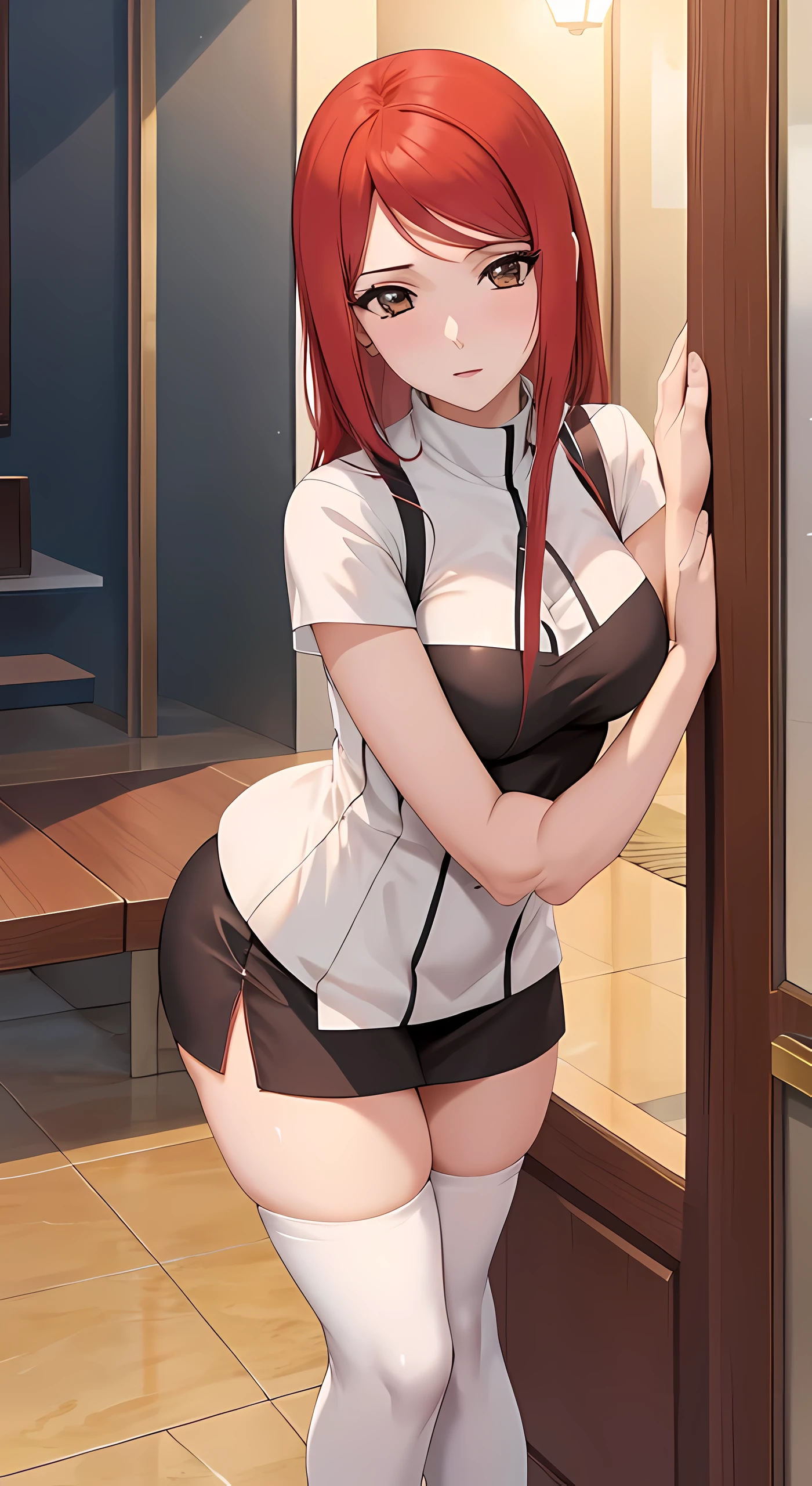 Kushina, sentada de pernas abertas, bancada, lingerie, medium breasts, bunda grande, thigh high socks, obra detalhada, alta qualidade, 8k.