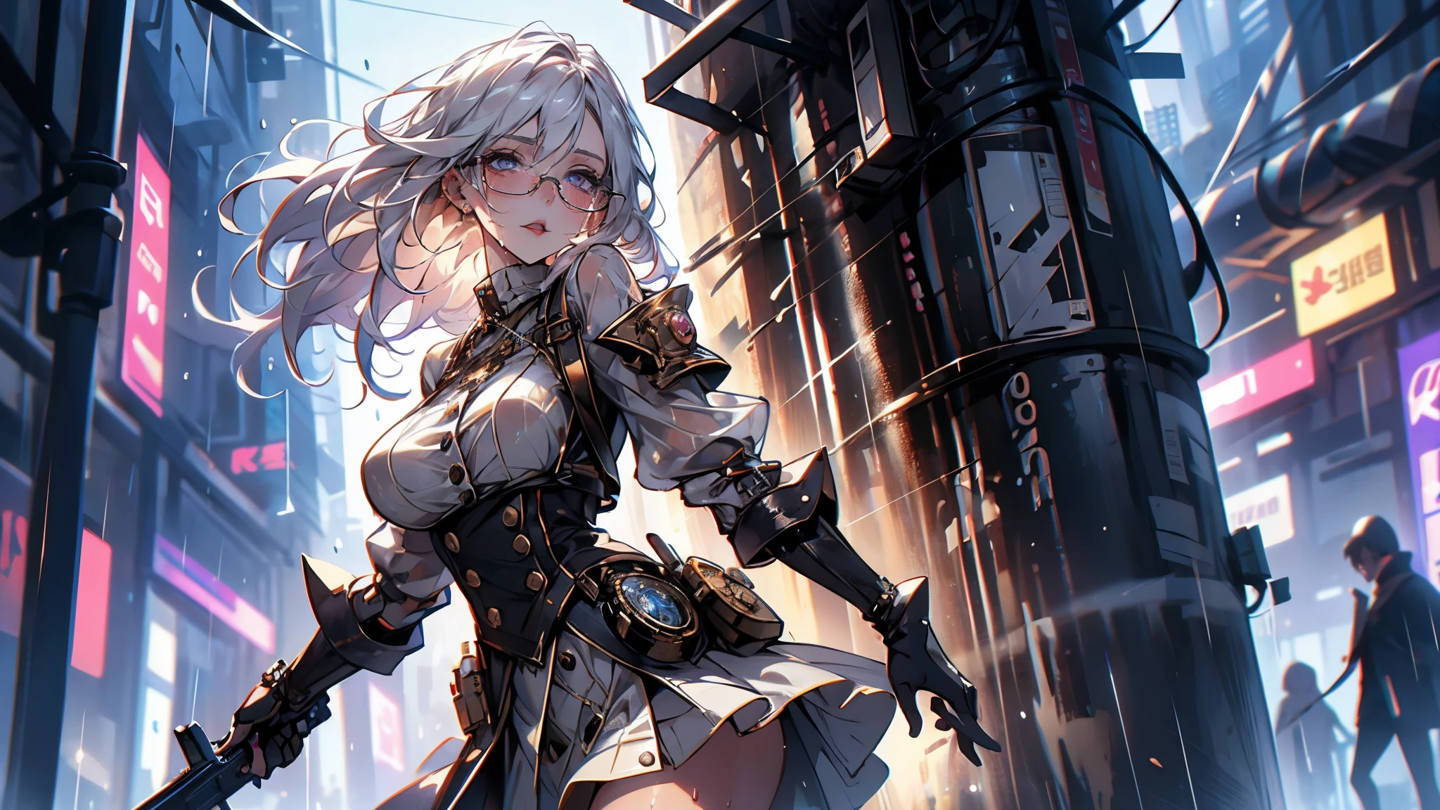 ((Best quality, 8K, Masterpiece: 1.3, 1girl, Beautiful girl)), cute, Dynamism, Detailed face, Detailed skin, detailed clothes, Detailed eyes, Detailed lips, Detailed tongue, Detailed fingers, Detailed mouth, Photorealistic, Raw photo, highres, Natural lighting, dynamic pose, perfect anatomy, toned legs, double eyelids, tear bags, round eyes, moist lips, sweaty, (she is wearing only white dress with white buttons), hair between eyes, white hair, long hair, bare legs, half closed eyes, steam:1.5, sheer, wet clothes, sheer wet, ecstatic face, shape of nipples, tongue out, drooling, outdoor, night, rainy wet, sheer wet, rain, glasses, pubic hair, skirt lift, big breasts:1.2, energy, walking, (steampunk, cyberpunk, weapon, guns), unbottons, cum on tongue, nsfw