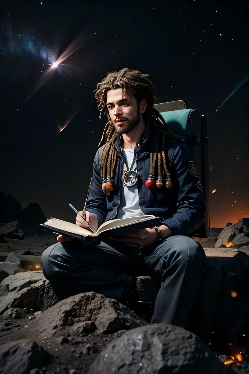 Desenhe um jovem RASTAFARI programador, sitting on a research platform floating in the middle of an asteroid belt. He is studying with a notebook, surrounded by several asteroids glowing with fiery auras. Dramatic lighting from distant stars and planets illuminates the scene, casting deep shadows on the costume. O jovem parece confiante e determinado, looking at the vast and mysterious universe with awe and respect,Facial hair, tiro de vaqueiro,