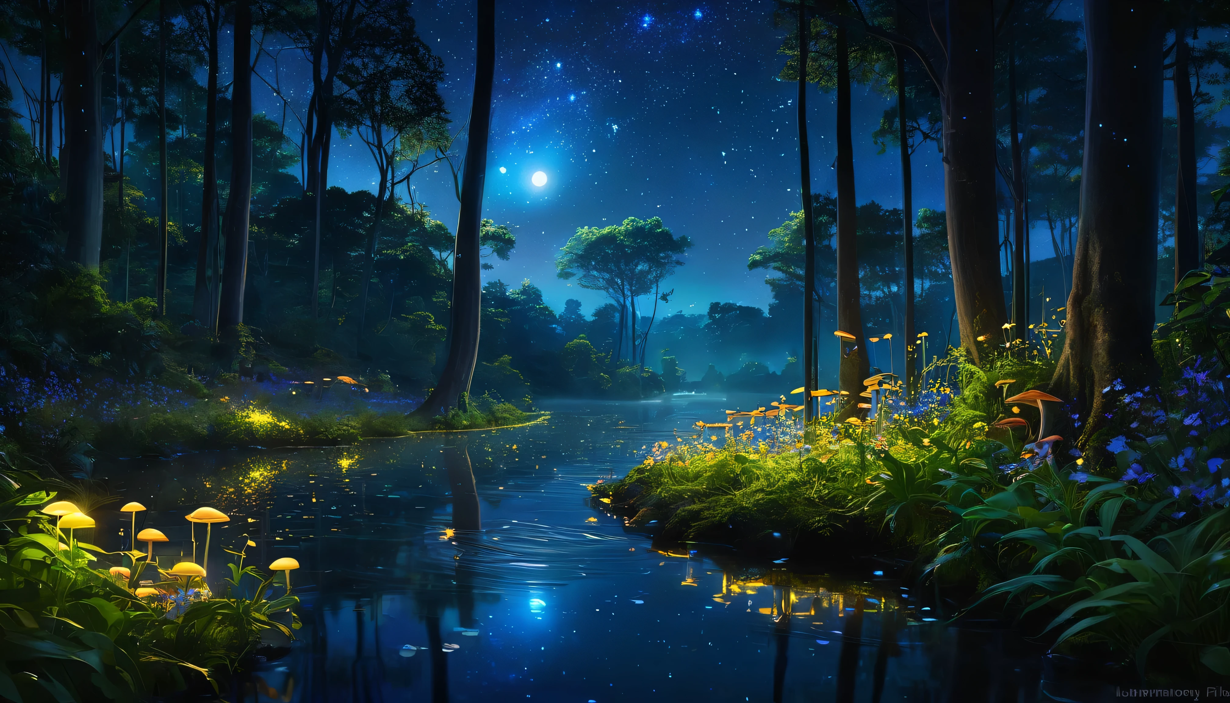 Visualize a serene night scene where a gently flowing river cuts through a dense, bioluminescent forest. The riverbanks are lined with glowing plants and mushrooms, casting a soft, ethereal light on the water's surface. Above, the canopy is dotted with luminous flowers and foliage, creating a natural starry sky within the forest. Fireflies and mystical creatures add a dynamic element, illuminating the path forward. This scene should evoke a sense of tranquility and wonder, inviting the viewer on a magical nocturnal adventure.