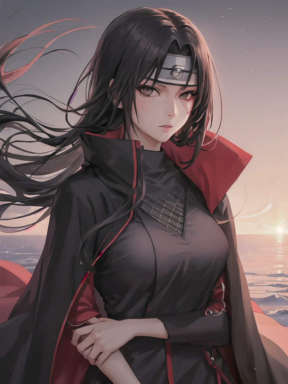 ((((like appearance)))), soothing tone, rim light, delicate eyes, bokeh background, high quality, woman itachi uchiha, ((gender bender)), black eyes, woman, alone, Konohagakure, long hair, Upper body, Sexy clothing, Tempting, Big breasts, , Cloak, ninja 