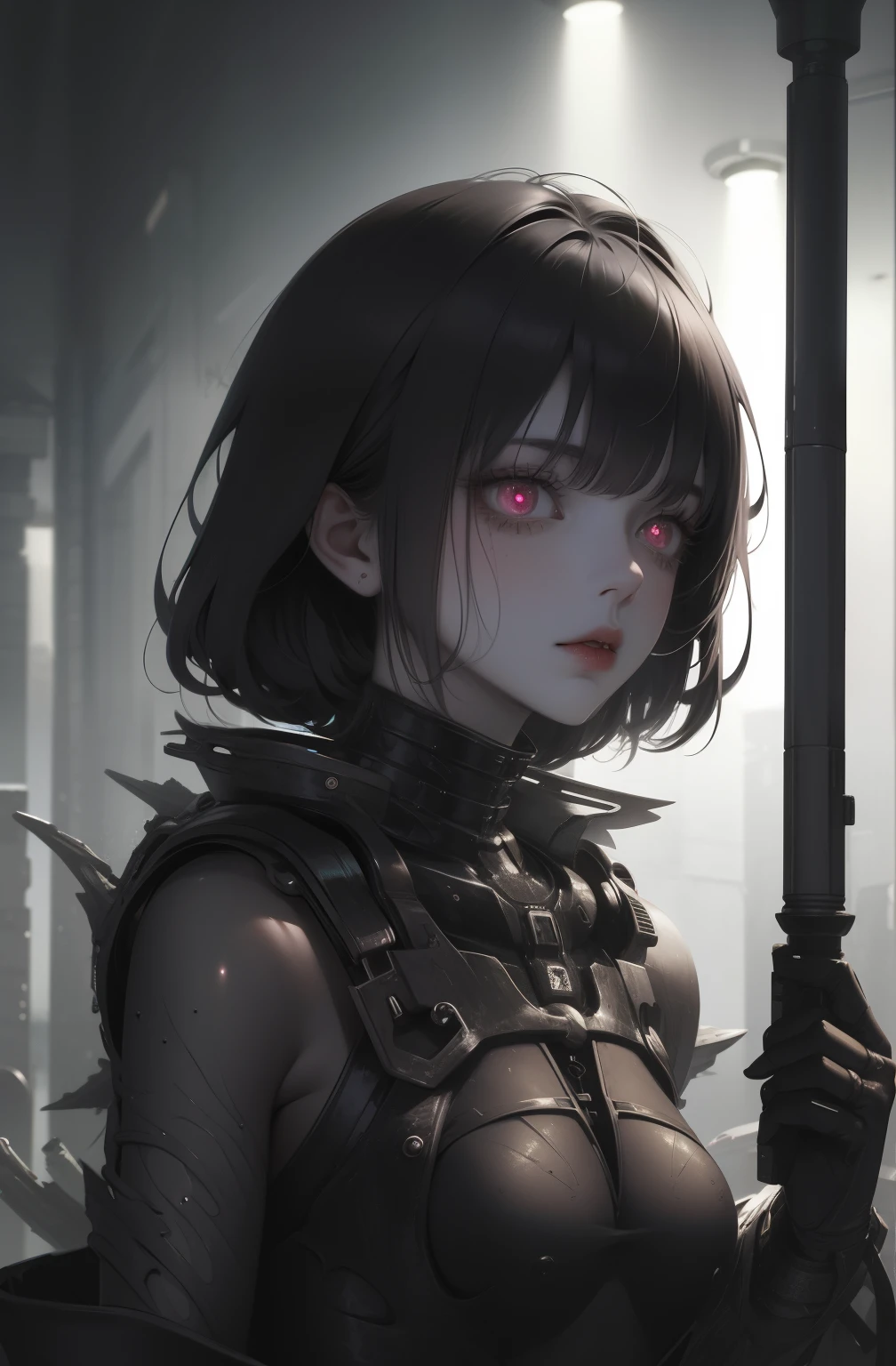 ((gloomy biopunk atmosphere)), (beautiful anime biopunk girl), (dark gray skin), lamp glowing eyes, very long brown hair, short clothing, steel dots in skin, cold lighting, (scorn videogame style), horror atmosphere, presence of something terrible, biopunk background, background by Hans Giger, perfect anatomy, masterpiece