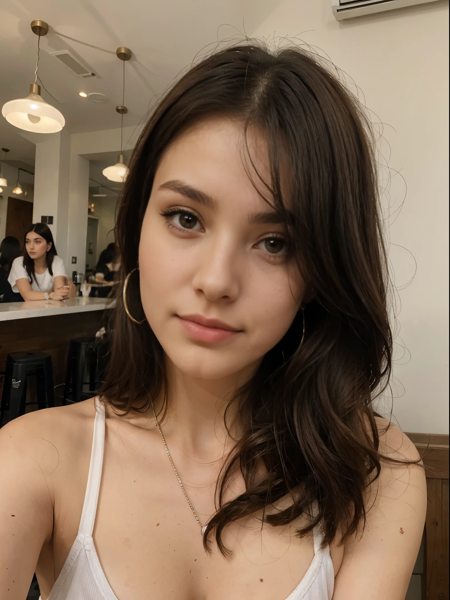Photo of a 20 year old brunette woman, that has a very natural face, thin lips, thin eyes, thin eyebrows, thin nose, earrings, long eyelashes. She makes a cute selfie in a cafe