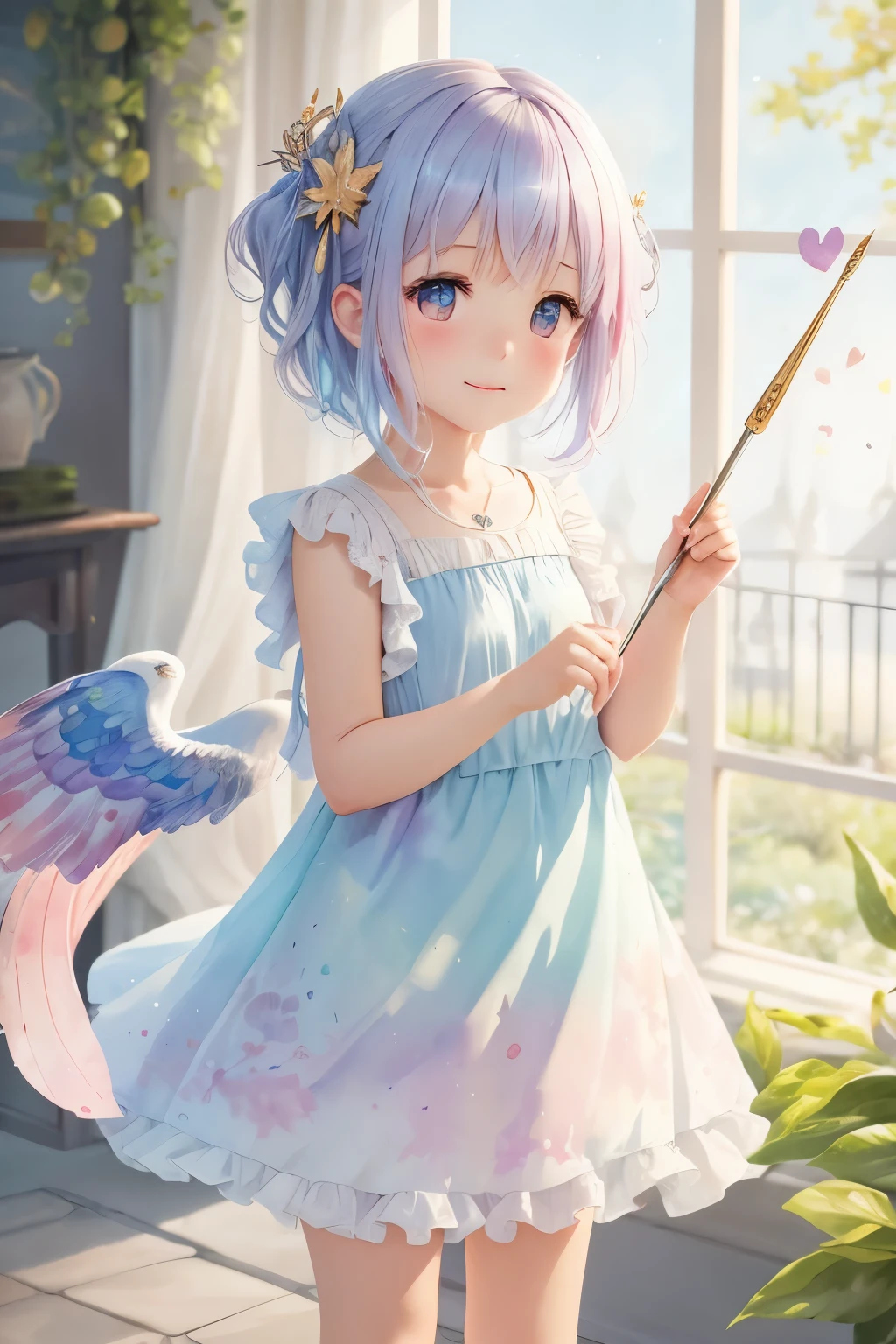 blurred picture style, wet-in-wet, watercolor style, best quality, 8k, mythological painting, cute cupid spirit can be seen vaguely, BREAK , background watercolor style with gear shape in iridescent pastel colors