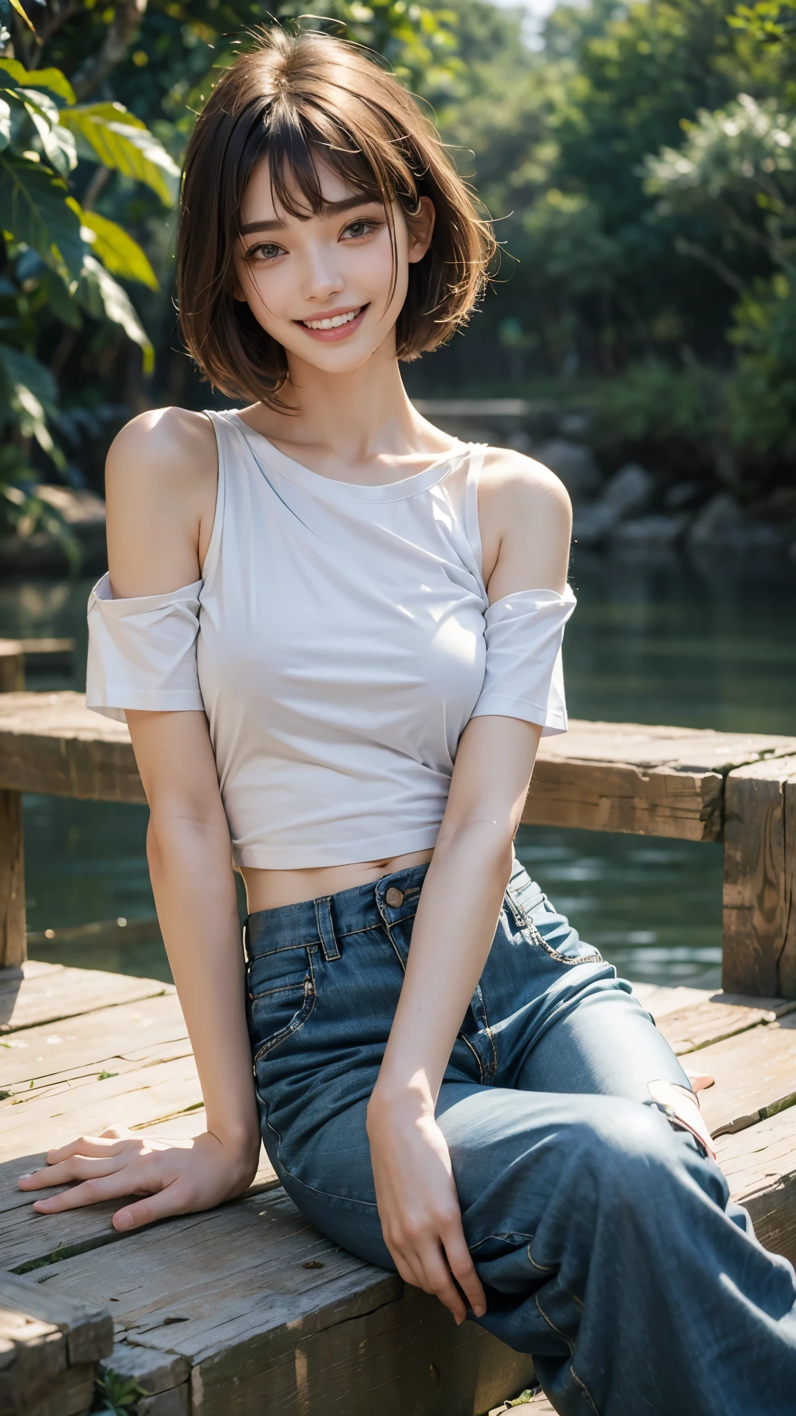 highest quality, masterpiece, ultra high resolution, (realistic:1.4), 20-year-old,1 girl,super high quality,8K,thinウエスト,thin脚,thin and beautiful arms,beautiful fingers,sale eye makeup,my nipples are erect,thin,Medium chest,soft chest,(((shortTshirt and pants only))),The shirt is so short that you can see the underline of your breasts,((straight hair to shoulders)),((Bangs short hair)),realistic,picture media chest)),((toothy smile)),((big smile))