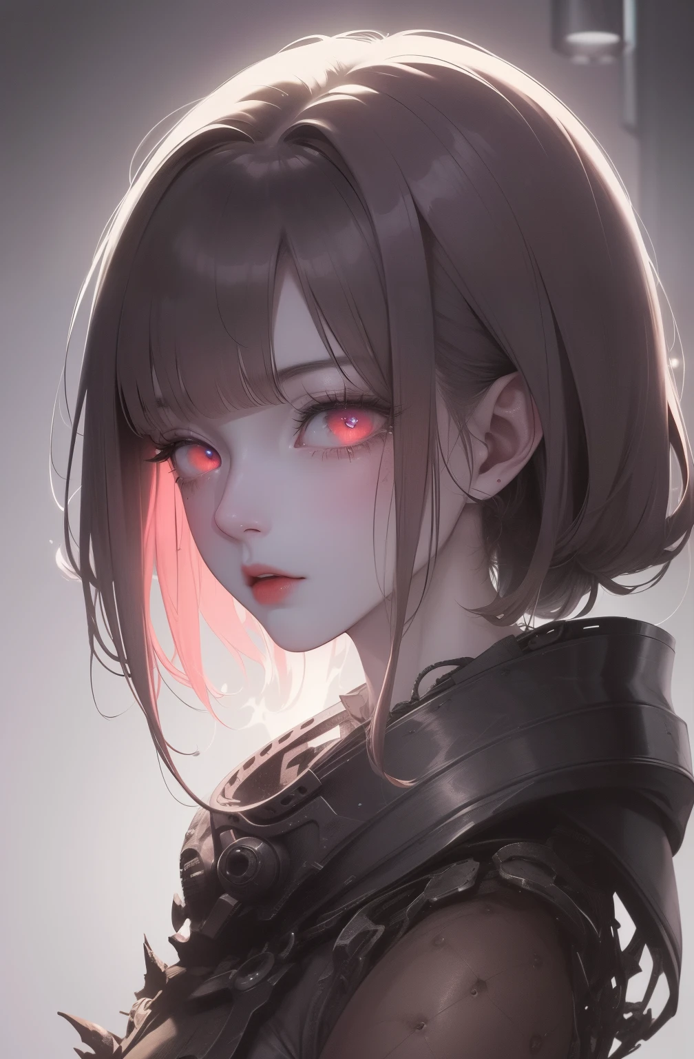 ((gloomy biopunk atmosphere)), (beautiful anime biopunk girl), (dark gray skin), lamp glowing eyes, very long brown hair, short clothing, steel dots in skin, cold lighting, (scorn videogame style), horror atmosphere, presence of something terrible, biopunk background, background by Hans Giger, perfect anatomy, masterpiece