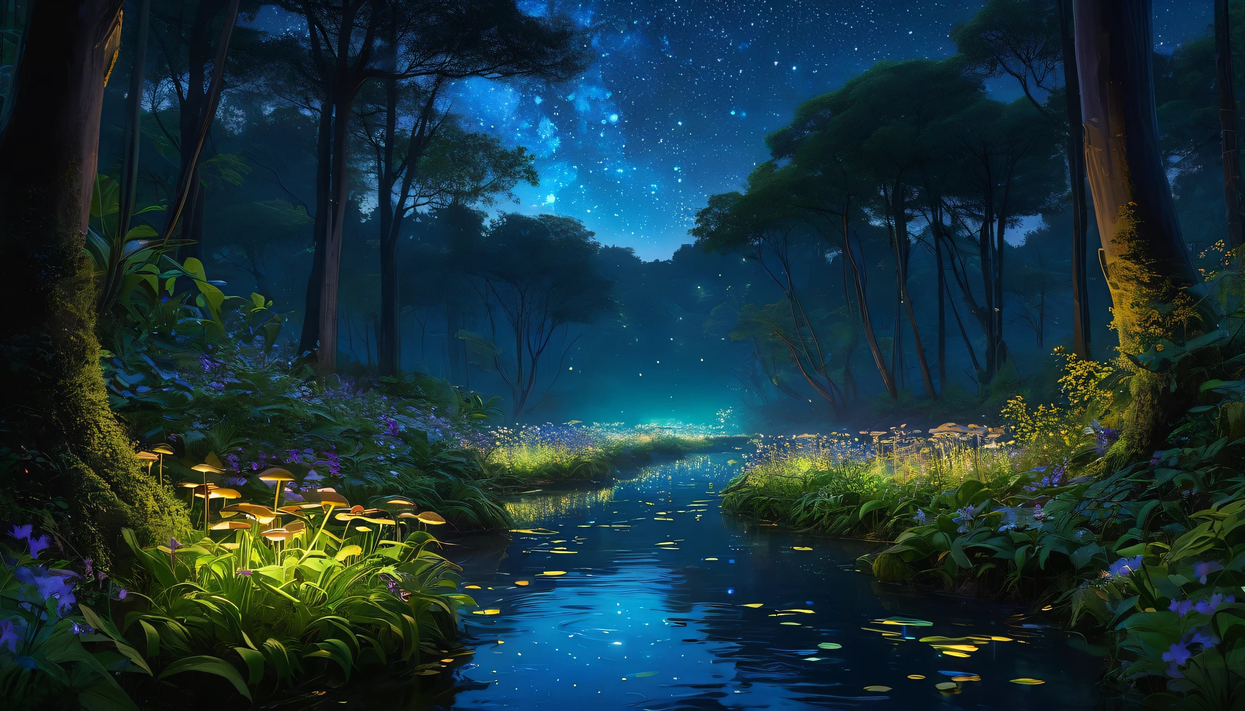Visualize a serene night scene where a gently flowing river cuts through a dense, bioluminescent forest. The riverbanks are lined with glowing plants and mushrooms, casting a soft, ethereal light on the water's surface. Above, the canopy is dotted with luminous flowers and foliage, creating a natural starry sky within the forest. Fireflies and mystical creatures add a dynamic element, illuminating the path forward. This scene should evoke a sense of tranquility and wonder, inviting the viewer on a magical nocturnal adventure.