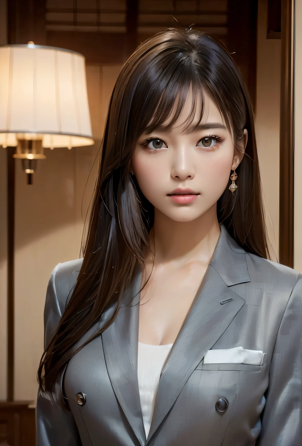 (((luxury:1.3, indoor, Photographed from the front))), ((long hair:1.3, suit,japanese woman,cute)), (clean, natural makeup), (highest quality, masterpiece:1.3, 超High resolution), (Super detailed, caustics), (realistic:1.4, RAW shooting), very detailed, High resolution, 16K resolution