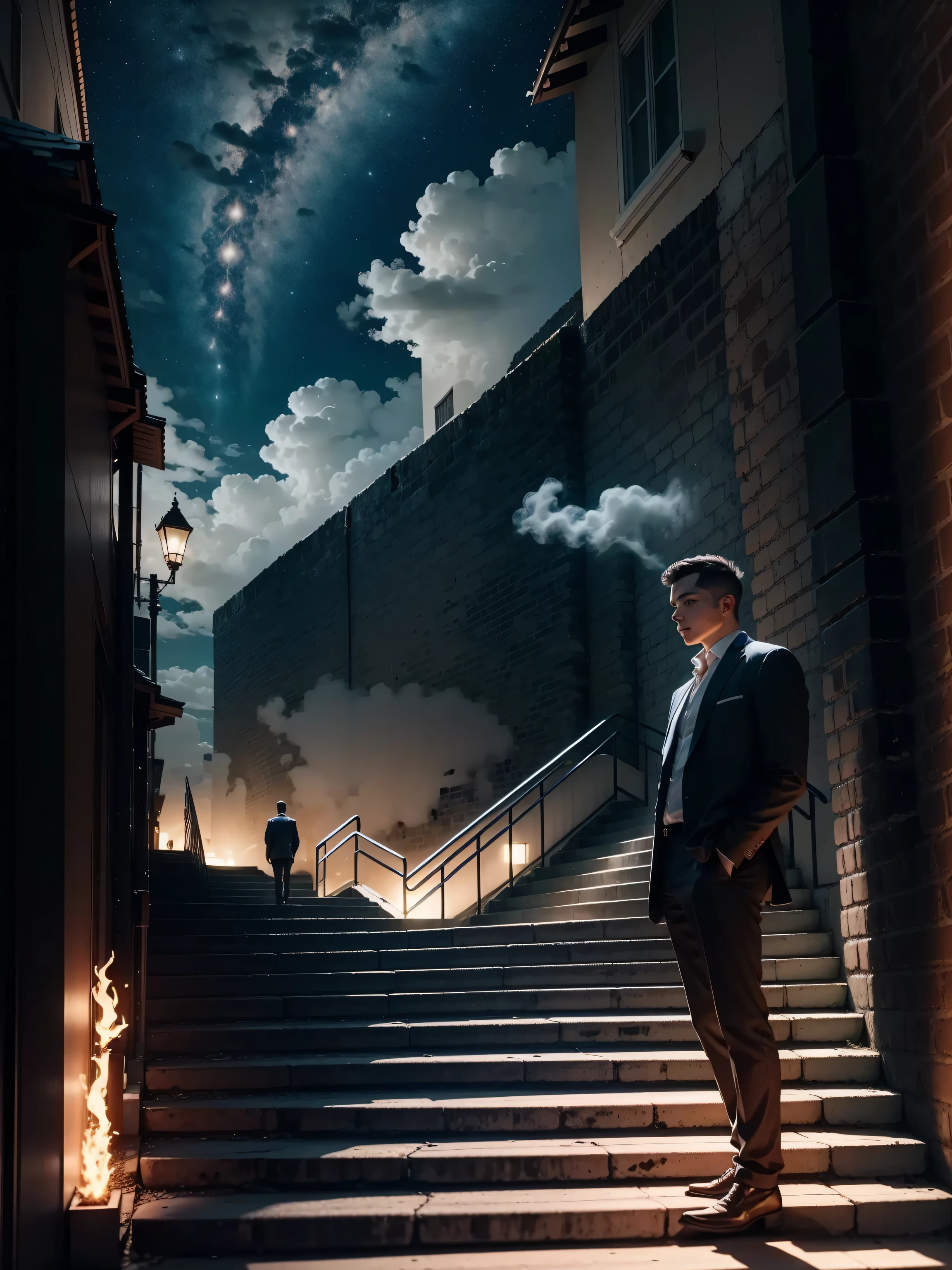there is a man standing on a set of stairs at night, in front of smoke behind, photo taken at night, photo taken in 2 0 2 0, in front of dark smoke, at night time, during night, burning scene in the background, at nighttime, taken in the early 2020s, night photo, nighttime!!, scenic view at night