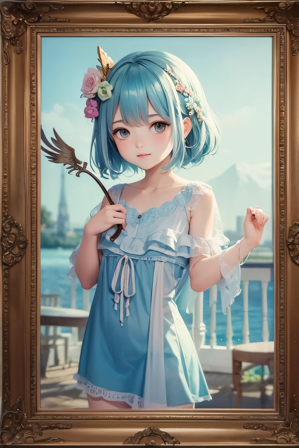 blurred picture style, wet-in-wet, watercolor style, best quality, 8k, mythological painting, cute cupid spirit can be seen vaguely, BREAK , background watercolor style with gear shape in iridescent pastel colors