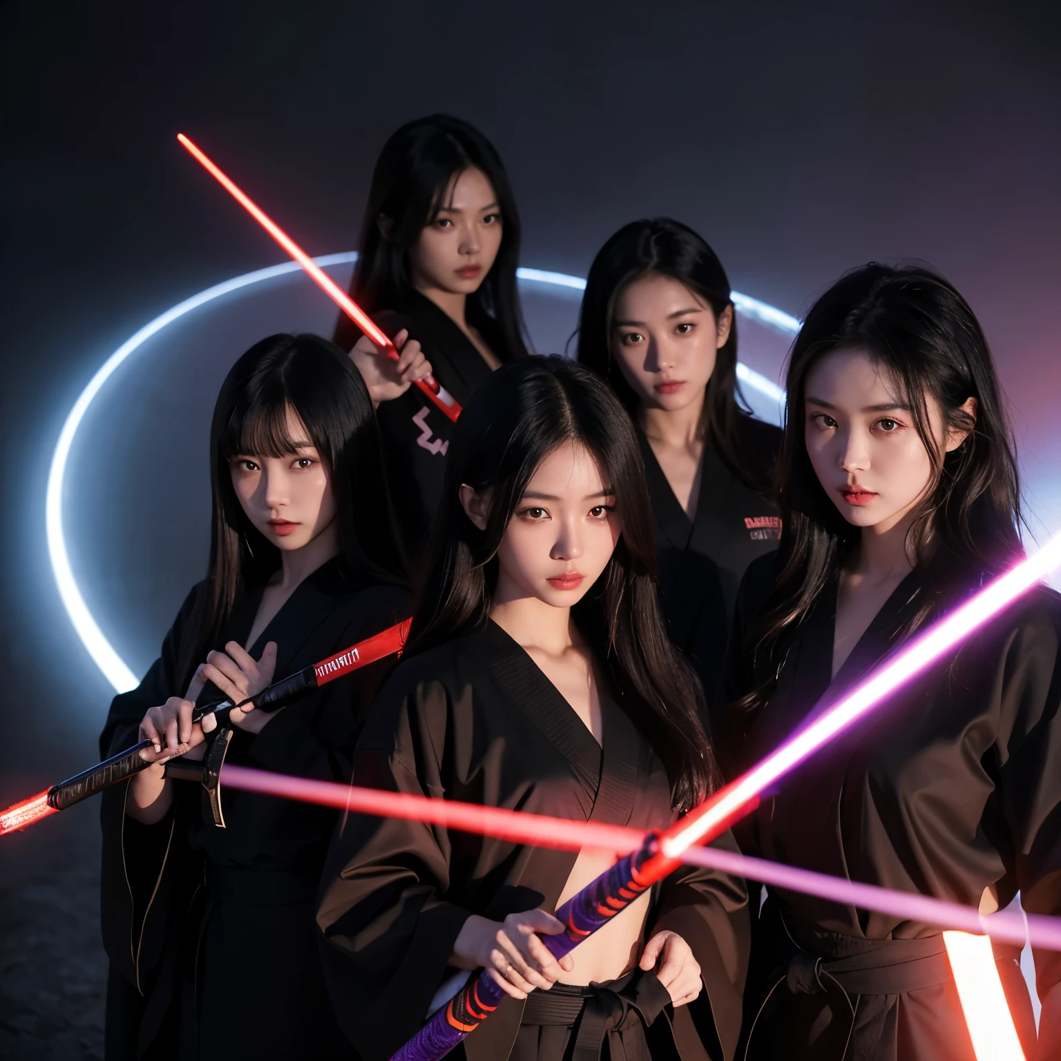Photorealistic, hyperrealistic, hyperdetailed image of five young beautiful Japanese girls, wearing long black martial arts robes, with a pair of katanas on their backs, practicing a purple laser vortex sword swing technique with 'GFE' written on it, with a red flame background with 'GFE' written on it, facing forward with serious expressions and sharp eyes, set in a quiet, dark, and ominous place.