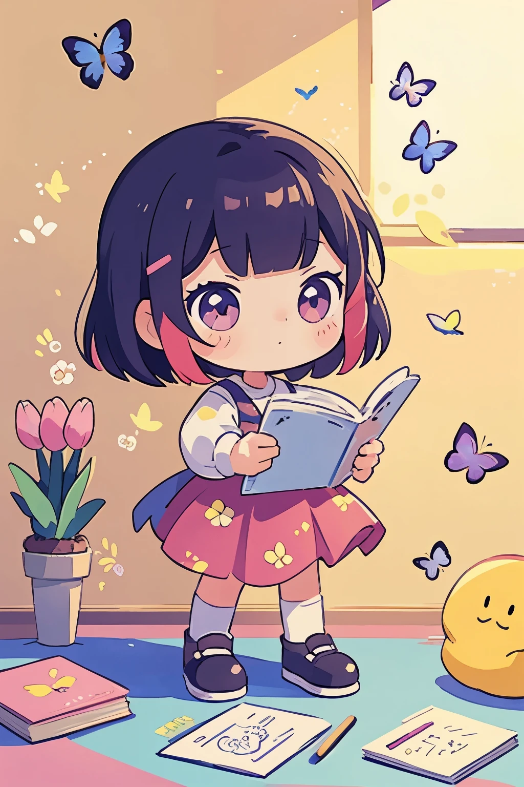 The following scenes will be expressed using chibi girl dolls.（Photoreal、A girl is drawing pictures of tulip flowers and butterflies on the wall with crayons.、The picture is a child&#39;s doodle, but it&#39;s very colorful.）
