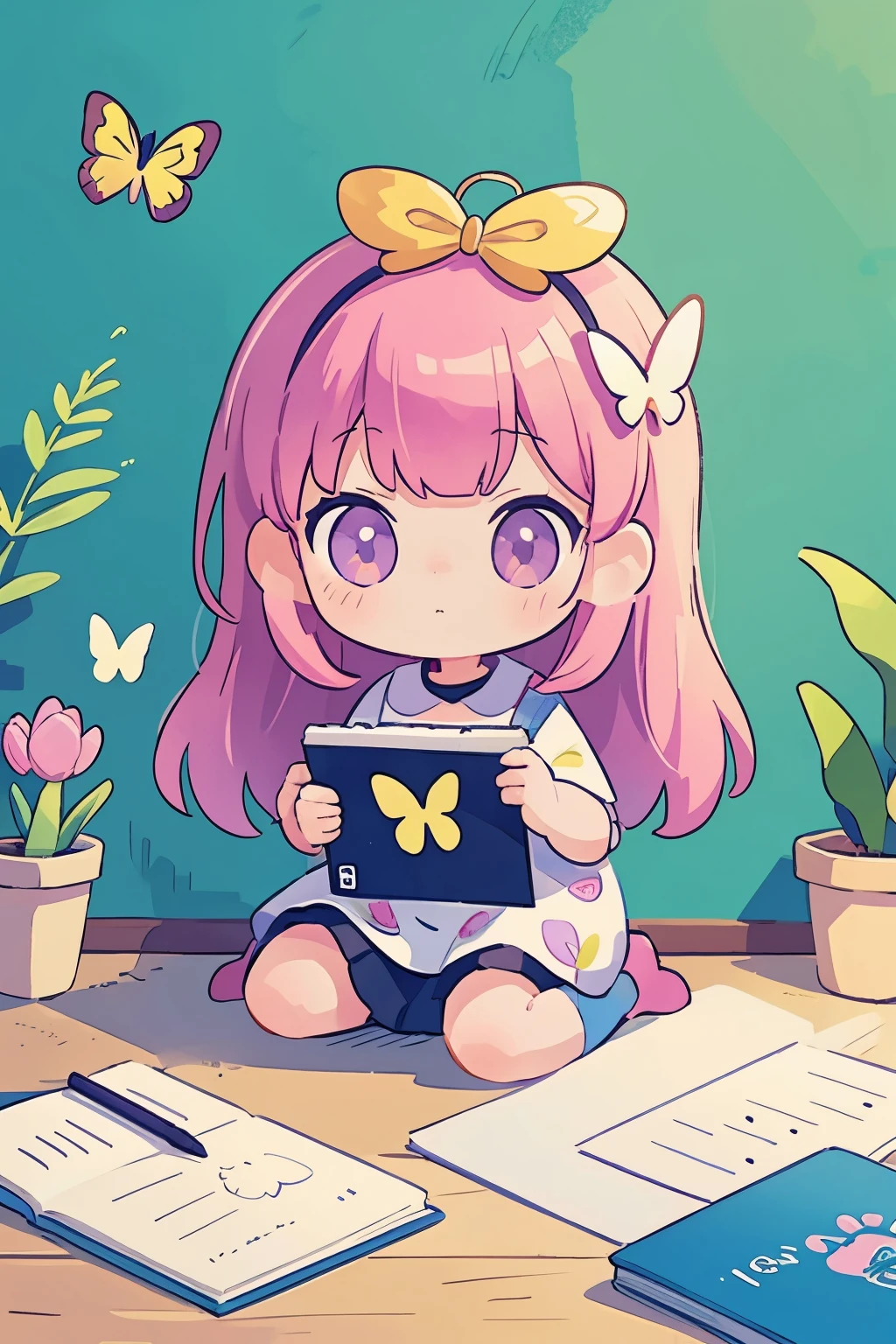 The following scenes will be expressed using chibi girl dolls.(Photoreal、A girl is drawing pictures of tulip flowers and butterflies on the wall with crayons.、The picture is a child's doodle, but it's very colorful.)
