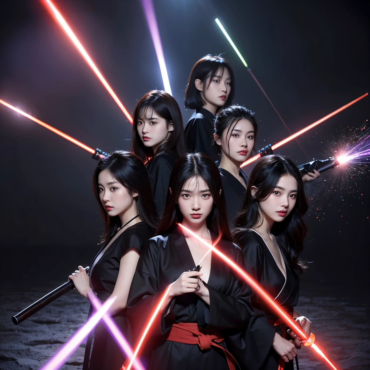 Photorealistic, hyperrealistic, hyperdetailed image of five young beautiful Japanese girls, wearing long black martial arts robes, with a pair of katanas on their backs, practicing a purple laser vortex sword swing technique with 'GFE' written on it, with a red flame background with 'GFE' written on it, facing forward with serious expressions and sharp eyes, set in a quiet, dark, and ominous place.