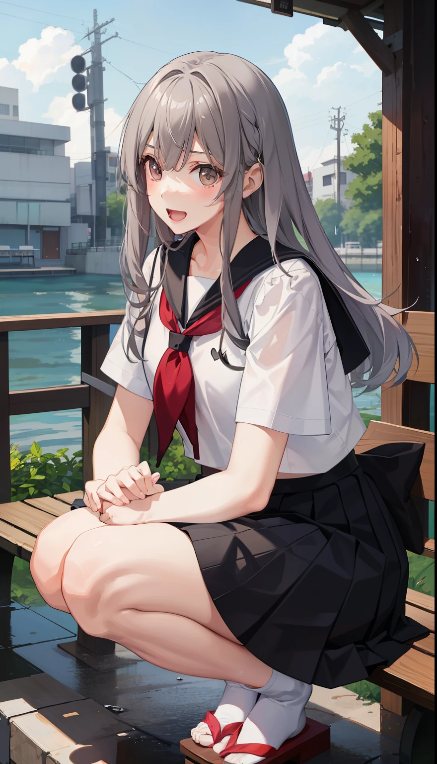 1 girl、laughter、shirt、skirt、()i play、Japanese high 、serafuku、summer clothes、Squall drenched uniform、(Sheerbra)、upper body portrait、gray hair、squatting bench、