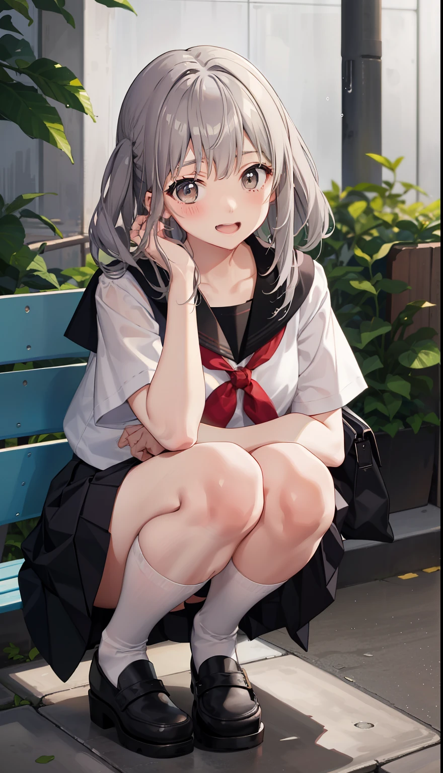 1 girl、laughter、shirt、skirt、（）i play、Japanese high 、serafuku、summer clothes、Squall drenched uniform、（Sheerbra）、upper body portrait、gray hair、squatting bench、