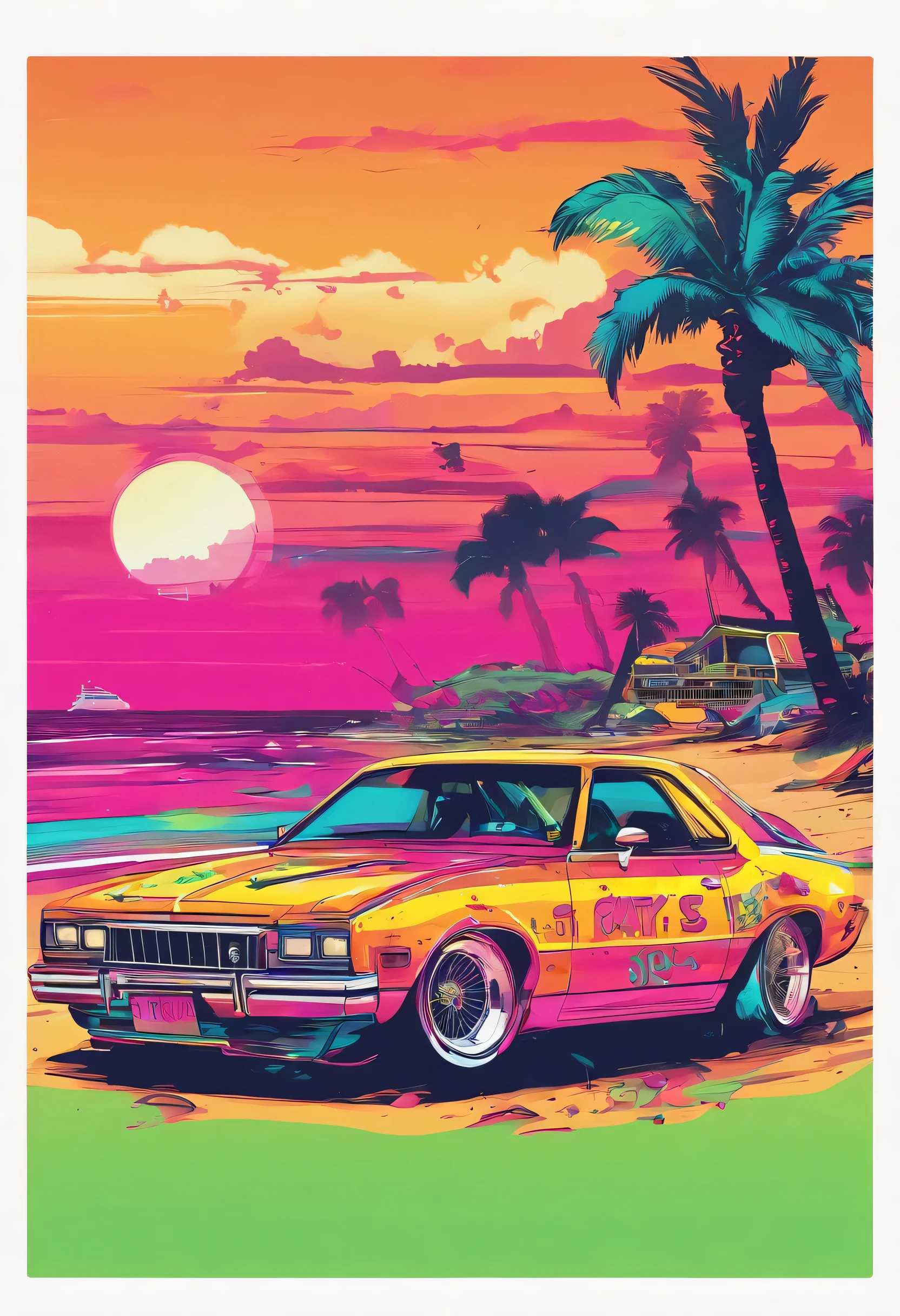 Playa del atardecer, Estilo de la Costa Oeste, Coches modernos, Elementos del hiphop, salpicaduras, estampado para una camiseta, Fondo blanco, colores neon