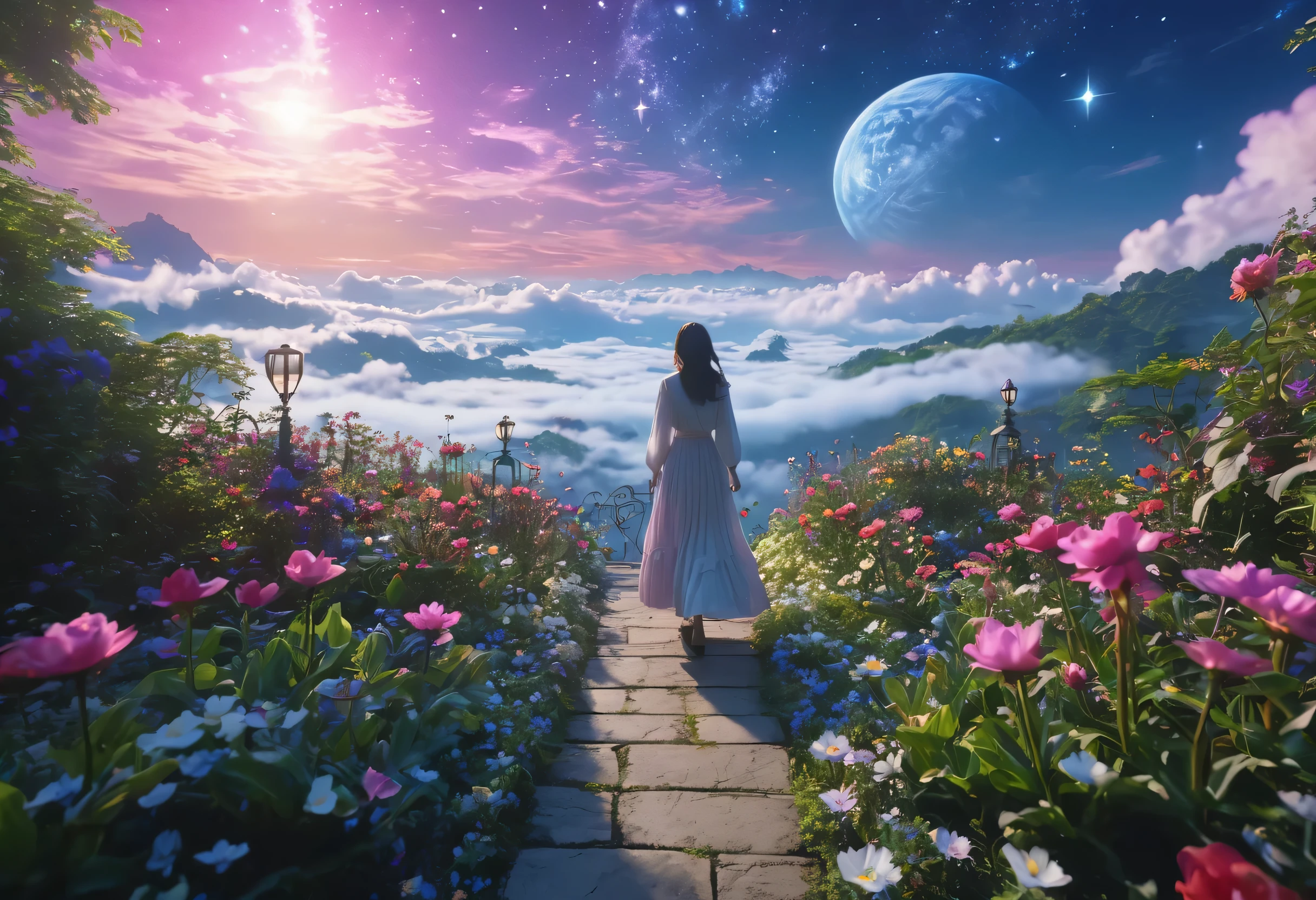 8K、highest quality、masterpiece、 In a mysterious garden floating above the clouds、Woman walking alone。A magical flower blooms in her hand、A mysterious star shines in the sky。