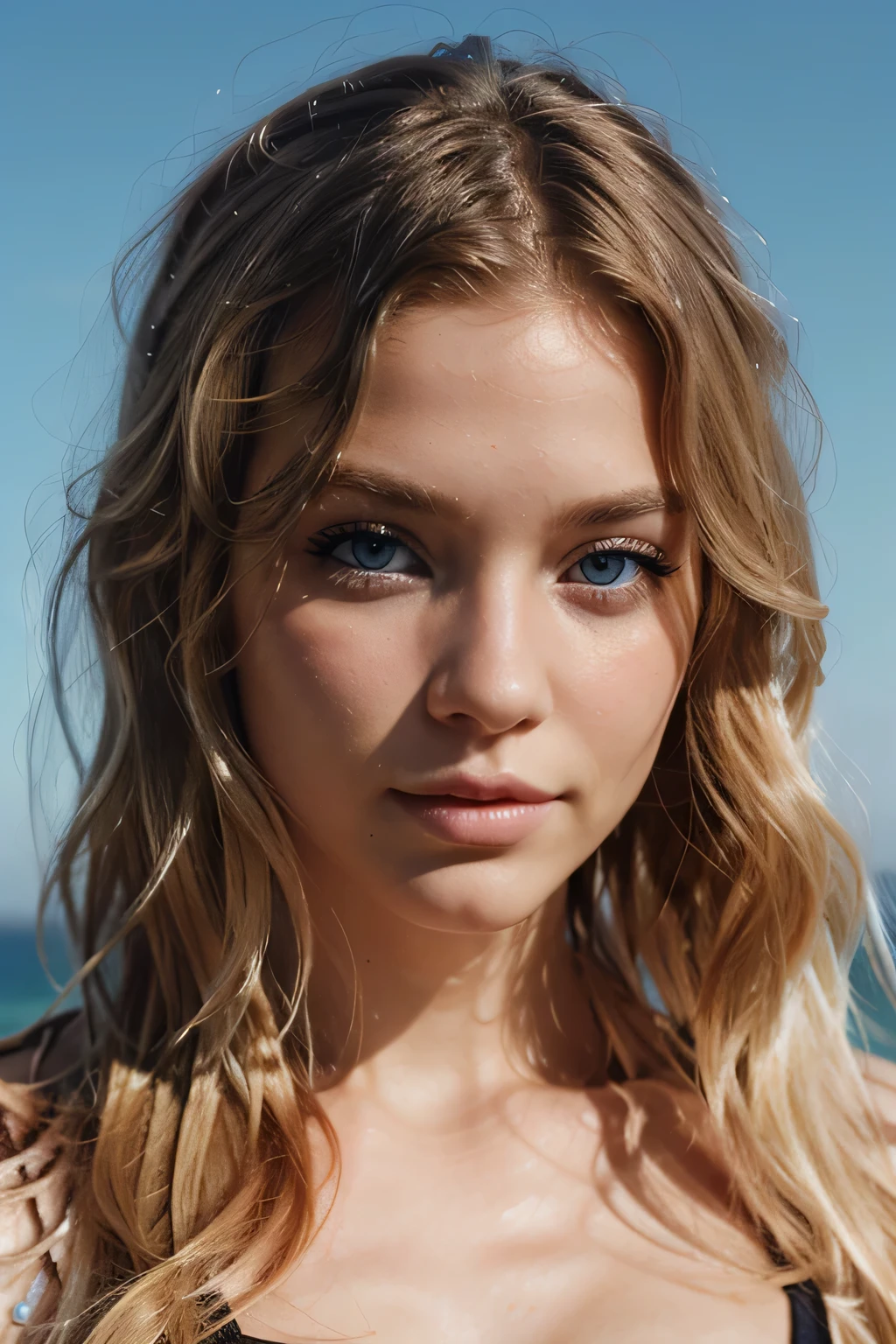 Photo realistic model, wavy blond hair, short length, sky blue eyes, long eyelashes