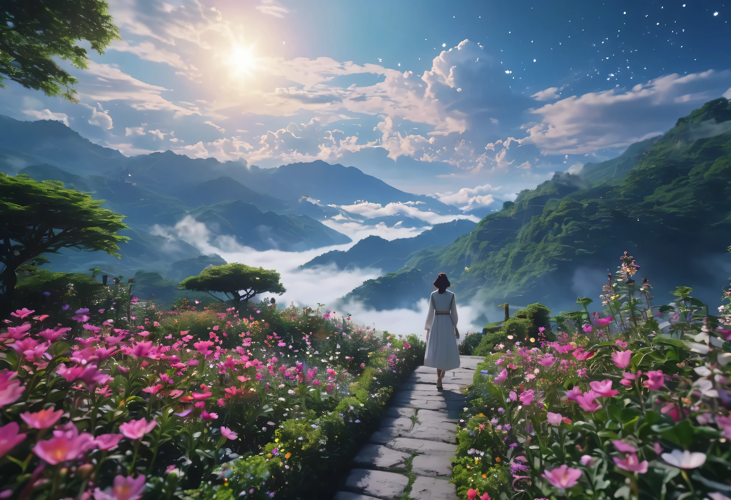 8K、highest quality、masterpiece、	In a mysterious garden floating above the clouds、Woman walking alone。A magical flower blooms in her hand、A mysterious star shines in the sky。