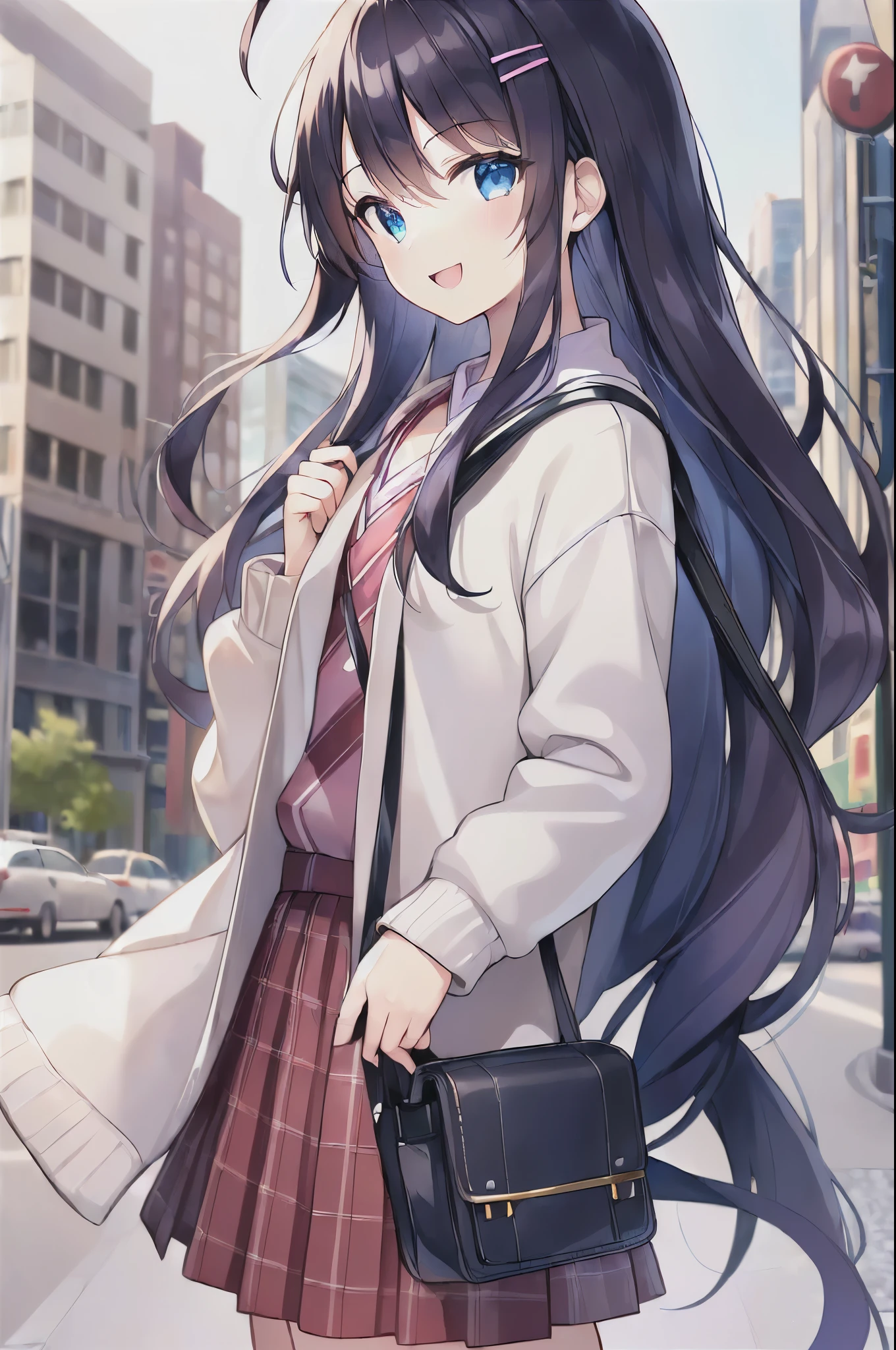 (((masterpiece))), (high quality:1.5), (beautiful:1.5), (((8K))), (High resolution:1.5), (High resolution:1.5), (1 girl:1.3), (infant:1.5), (5 :1.5), (primary sark blue straight long hair:1.3), (very long dark blue sideburns), (very long and thick sideburns, of dark blue color:1.4), (dark blue bangs with very large parting:1.3), (simple hair clip:1.4), (Ahoge:1.4), (small blue eyes:1.2), (slightly droopy eyes:1.3), (Super thick sideburns and super long sideburns:1.1), (very long and thick sideburns,:1.1), (very small breasts:1.4), (extremely flat chest:1.4), (laughter:1.5), (white cardigan:1.4), (checkered red pleated skirt:1.3), (Sidewalks in the city:1.3), (hold bag in hand:1.3), (cowboy shot:1.4)
