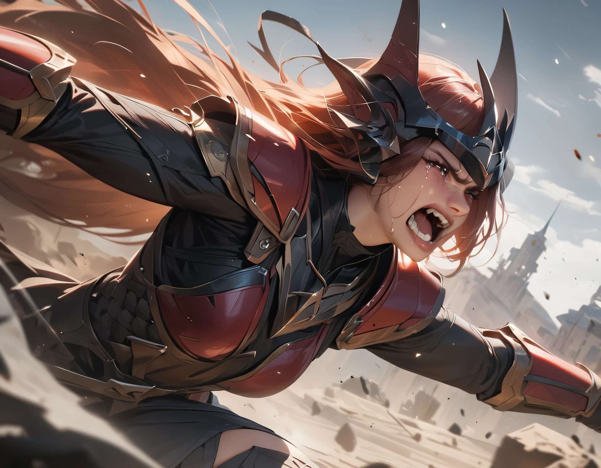 (best quality, masterpiece, ultra-detailed, highres, realistic:1.37), a close up shot of a female warrior, (crying in anger), while launching an attack towards the enemy, tears flow as she fiercely lunges towards her enemy, comic style, cinematic, elaborate details, clean and sharp lines, perfect illustratiotomically correct，
