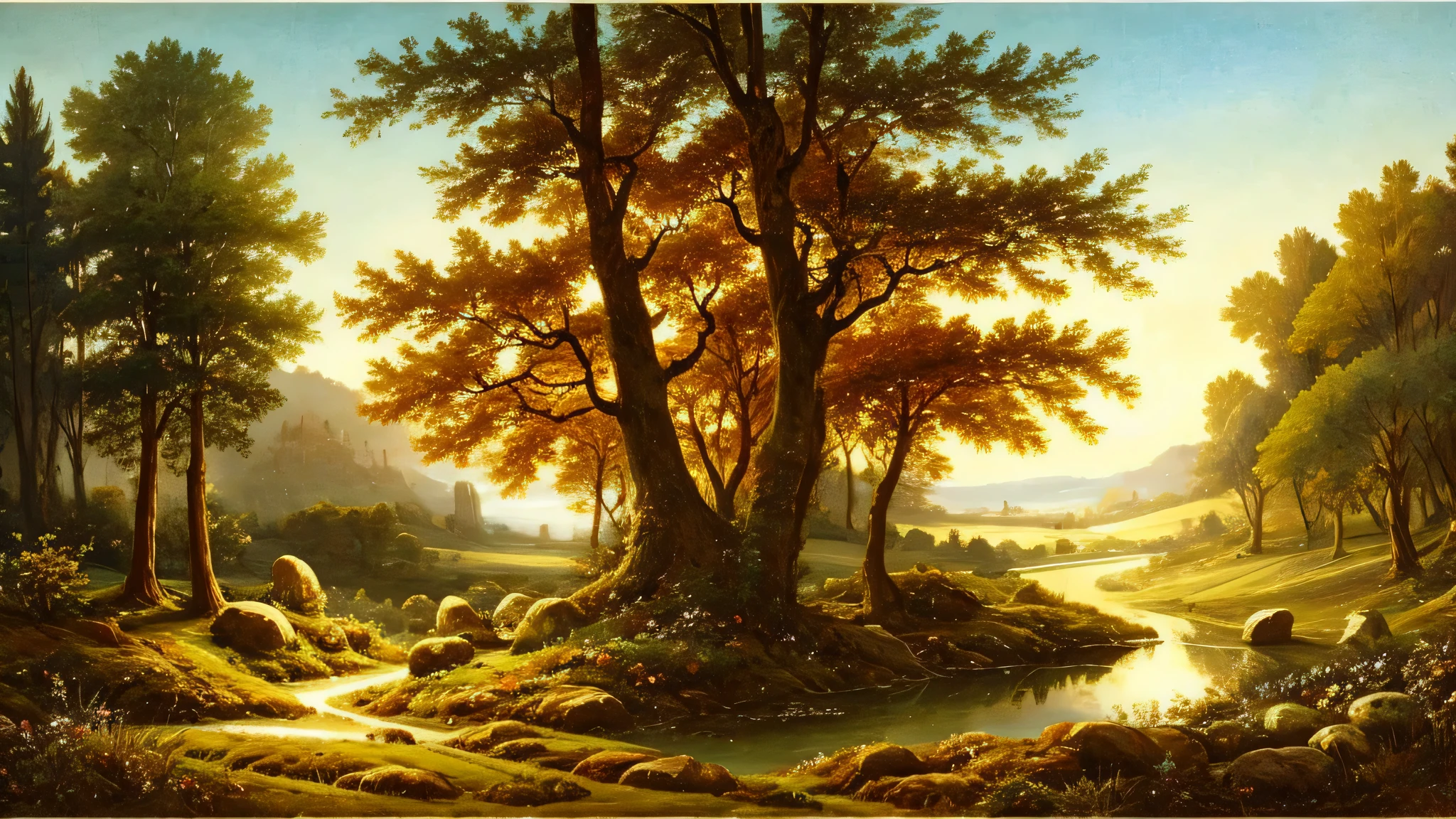 (best quality,4k,highres,masterpiece:1.2),detailed depiction,pre-Raphaelite painting,celtic landscape,oak tree at twilight,standing stones in the mist, druid