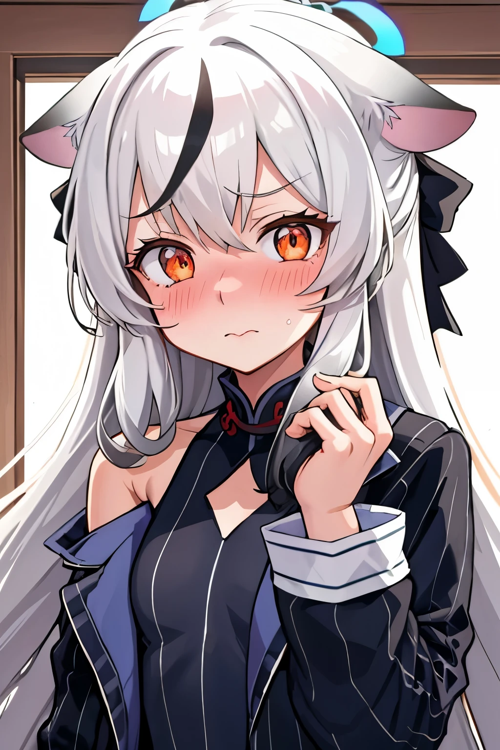 1girl, kokona, indoors, orange eyes, white hair, :3 mouth, embarrassed, beautiful eyes, beautiful lips, shiny lips, extremely detailed eyes and face, long eyelashes, close-up, warm lighting, vibrant colors, looking at the viewer, embarrassed look, blush, Winter suit, winter wonder