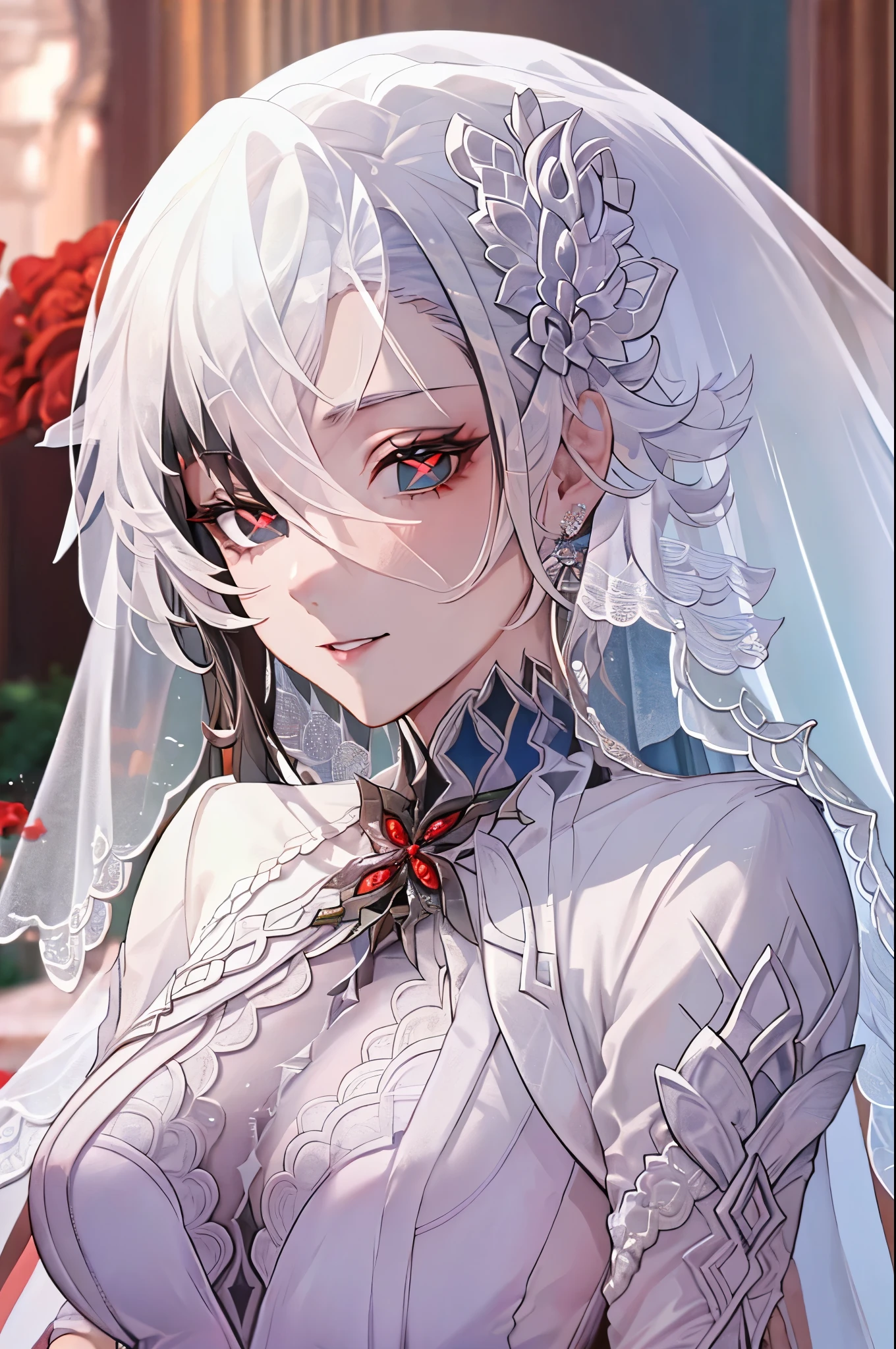 UHD, ccurate, masterpiece, anatomically correct, textured skin, super detail, best quality, 16k, 1080P,SOLO,(1 Female,perfect body, white short hair with a long low ponytail,light smile),(blue eyes:1.7)(red x-shaped pupils:1.7),(wearing A White low-cut wedding dress:1.7),(Wearing white gloves:1.4),(Wearing a white veil:1.7),(Close-up),(Upper focus:1.7), (in a church),(Genshin Impact/Arlecchino),[detail face],[Magazine Cover:1.7]