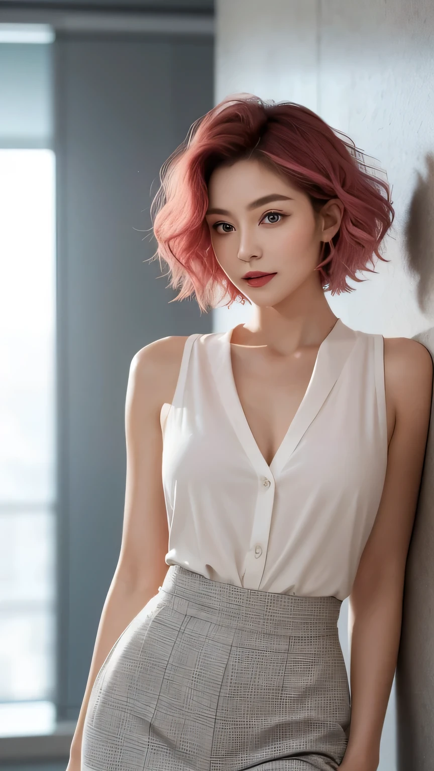 High-rise offices bathed in bright sunlight, The woman exudes a cool and mature atmosphere, Her unique hairstyle makes a bold statement. She has a kind of chicness, pink short hair, A color that contrasted with her calm demeanor.. The ends of her hair are gently curled, Adds subtle elegance and sophistication to vibrant hues. these curls, With slight fading of the tip, Create a sophisticated yet modern look, Perfectly matches her cool temperament. Her makeup is low-key but impeccable, Enhance her natural beauty without covering up her dramatic hair. Wear crisp shirts and tailored suits, She projects an image of professional calm and style. Her cool combo, Indifferent demeanor, Stylish cut and color of her hair, and her bright professional attire, Sunny office as background, A compelling portrait of a confident and successful career woman