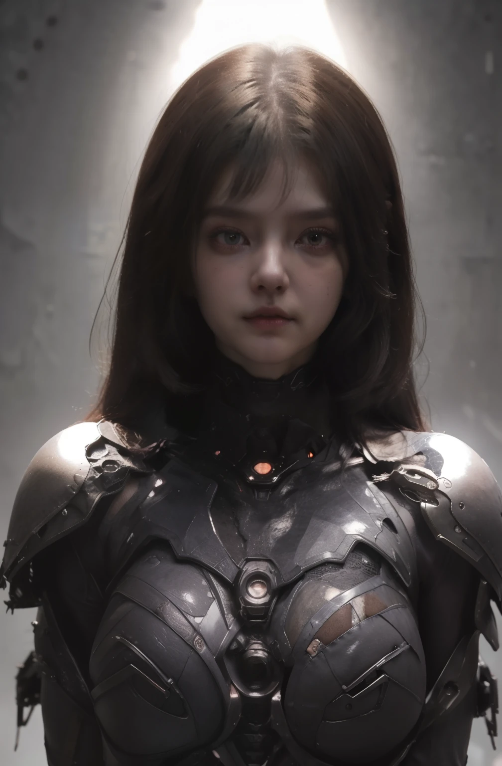 ((gloomy biopunk atmosphere)), (beautiful anime biopunk girl), (dark gray skin), lamp glowing eyes, very long brown hair, short clothing, steel dots in skin, cold lighting, (scorn videogame style), horror atmosphere, presence of something terrible, biopunk background, background by Hans Giger, perfect anatomy, masterpiece