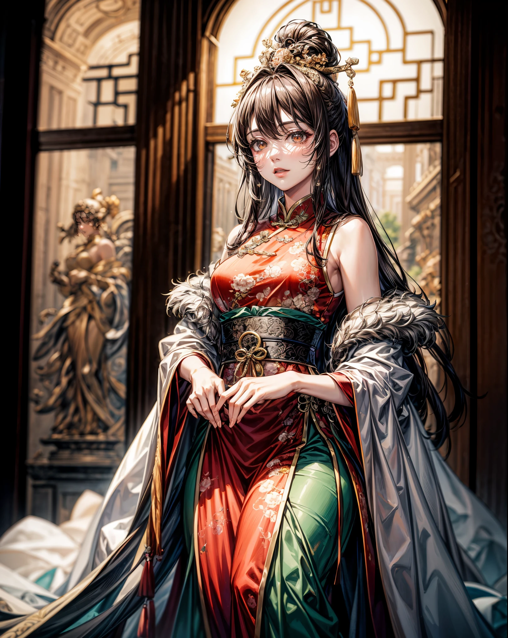 masterpiece,highest quality,Ultra high definition, Tang Dynasty, Beauty, Chinese Traditional Clothing, Palace, Elegant, Classical Beauty,black hair, brown eyes