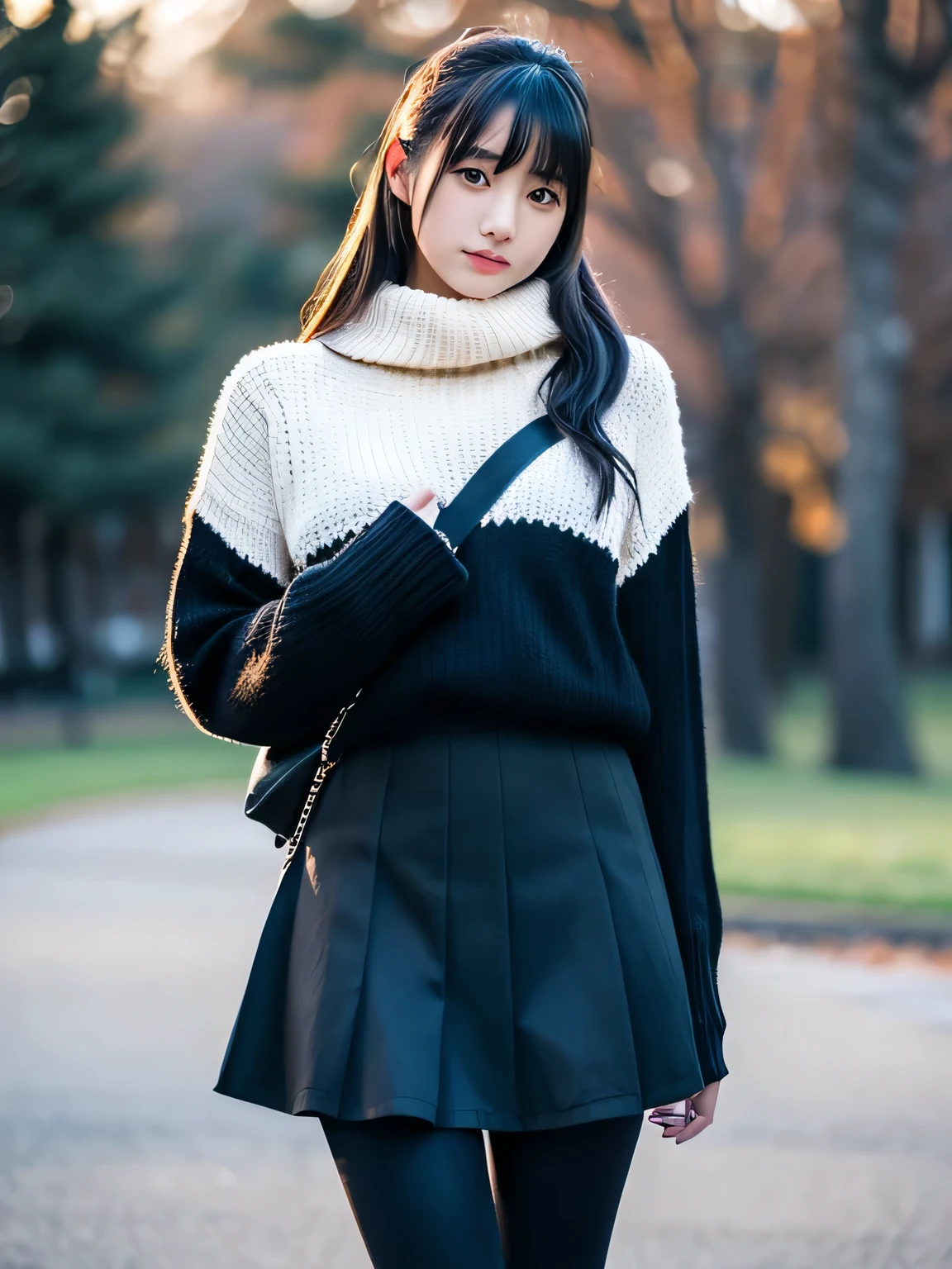 (masterpiece:1.2), super high quality, ((japanese girl)), (Super realistic), (Super Photo Style), 1 girl, sexy 18 year old girl, ((slender body)),  outdoor, skirt, sweater, winter days, (Pitch black tights), 