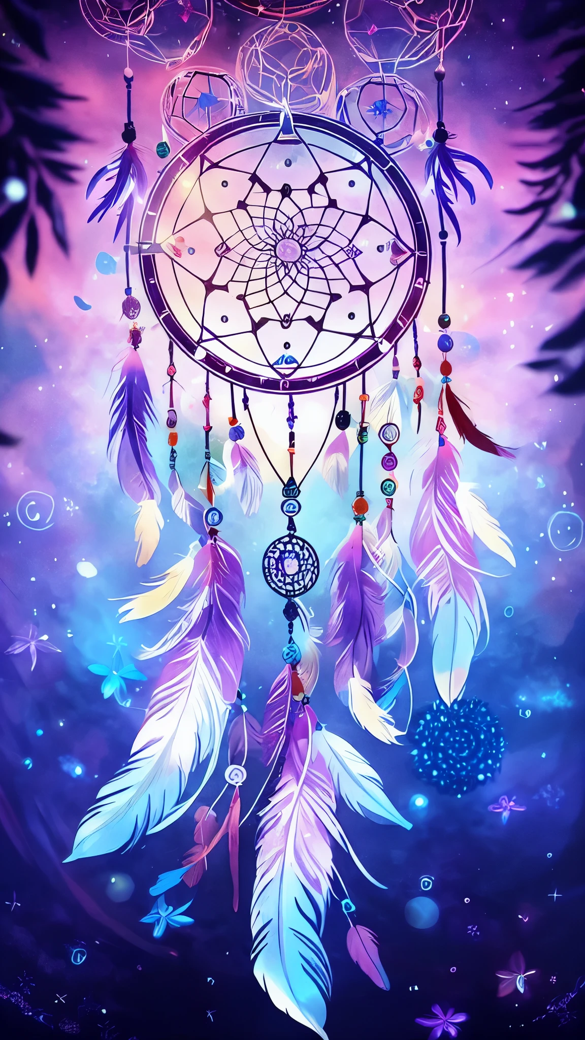 Close up of colorful dream catcher with feathers on blue background, galactic dream Catchers, dream Catcher, dream Catchers, Dreamy and detailed, Purple feathers, fantasy art, tapestry of dreams, 8K)), native american art, feathers raining, Purple and blue, beautiful artwork, hd art, Fantasy and Dream Resonance, beautiful art, LSD Feather