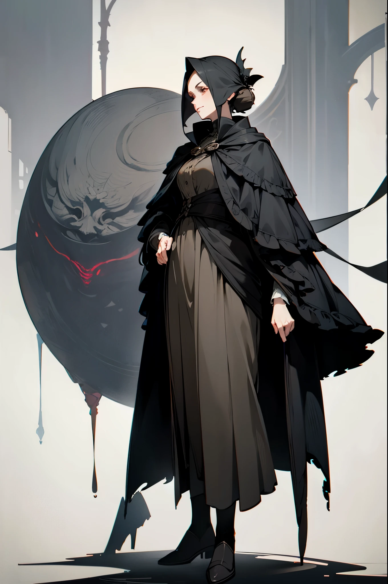 1girl, middle-aged, woman, tall, attractive, hunter, bloodborne fashion, dark hair, greying hair, wrinkles, beautiful, anime style, full body