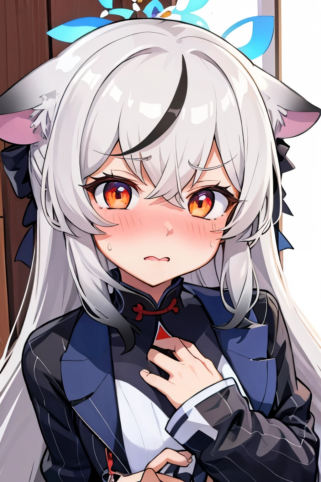 1girl, kokona, indoors, orange eyes, white hair, :3 mouth, embarrassed, beautiful eyes, beautiful lips, shiny lips, extremely detailed eyes and face, long eyelashes, close-up, warm lighting, vibrant colors, looking at the viewer, embarrassed look, blush, Winter suit, winter wonder