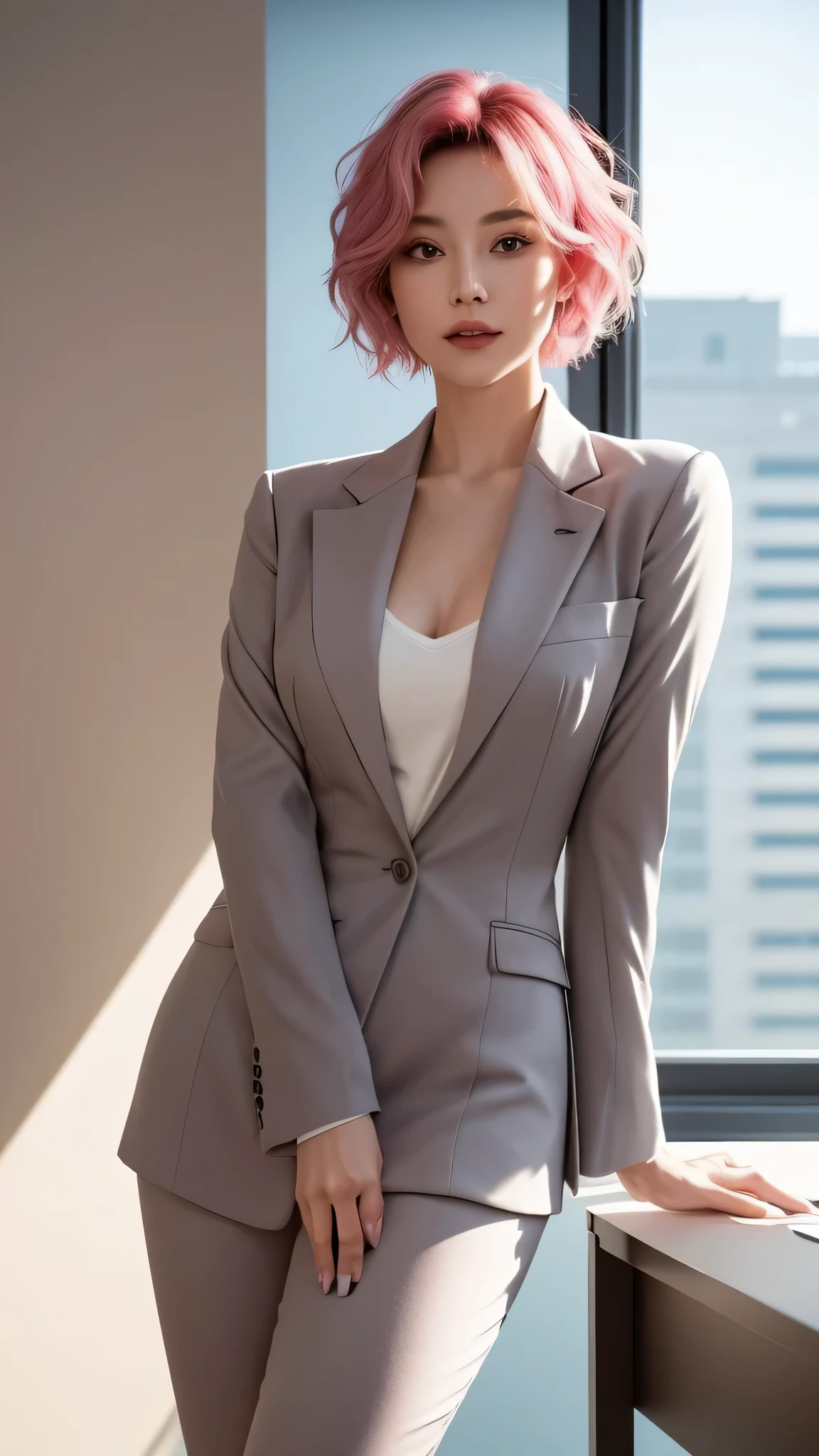 High-rise offices bathed in bright sunlight, The woman exudes a cool and mature atmosphere, Her unique hairstyle makes a bold statement. She has a kind of chicness, pink short hair, A color that contrasted with her calm demeanor.. The ends of her hair are gently curled, Adds subtle elegance and sophistication to vibrant hues. these curls, With slight fading of the tip, Create a sophisticated yet modern look, Perfectly matches her cool temperament. Her makeup is low-key but impeccable, Enhance her natural beauty without covering up her dramatic hair. Wear crisp shirts and tailored suits, She projects an image of professional calm and style. Her cool combo, Indifferent demeanor, Stylish cut and color of her hair, and her bright professional attire, Sunny office as background, A compelling portrait of a confident and successful career woman