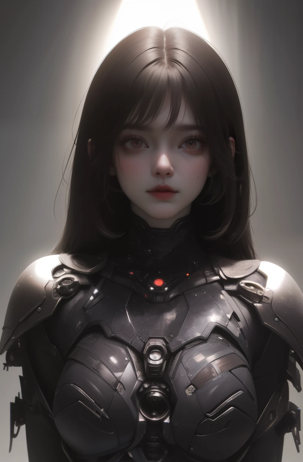 ((gloomy biopunk atmosphere)), (beautiful anime biopunk girl), (dark gray skin), lamp glowing eyes, very long brown hair, short clothing, steel dots in skin, cold lighting, (scorn videogame style), horror atmosphere, presence of something terrible, biopunk background, background by Hans Giger, perfect anatomy, masterpiece