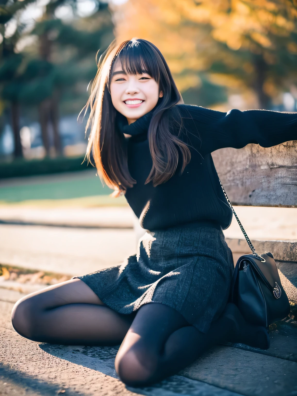 (masterpiece:1.2), super high quality, ((japanese girl)), (Super realistic), (Super Photo Style), 1 girl, sexy 18 year old girl, ((slender body)), outdoor, skirt, sweater, winter days, (Pitch black tights), laughter,