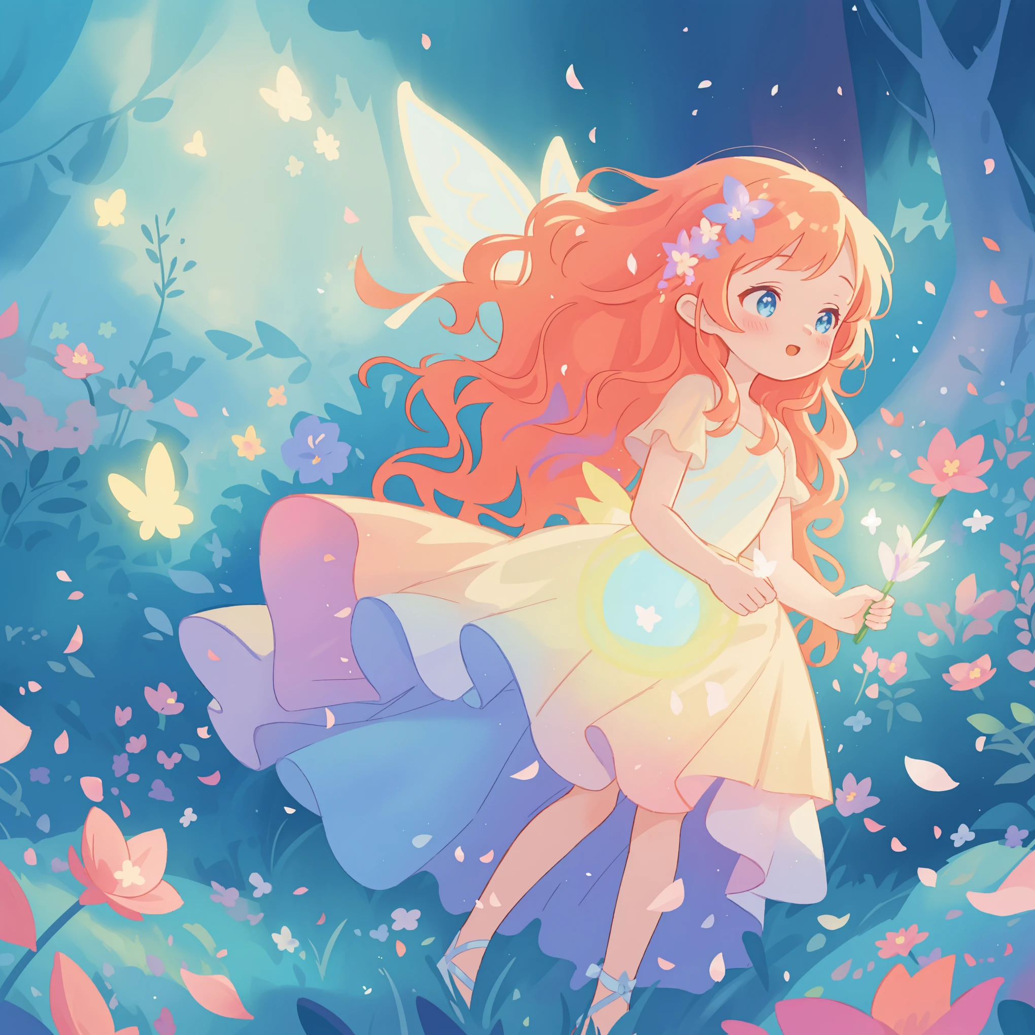 Nice girl in tiered gradient ballgown dress, Buntes Kleid mit Farbverlauf, ((layered skirt with petals)), Feenkleid, Fairy Queen, magischer Waldhintergrund, (glowing fairy wings), leuchtend flowing Ballkleid, langes, welliges Haar, sparkling fairy wings, Aquarell-Illustration, Blumen und bunte Pflanzen, inspired von Glen Keane, inspired von Lois van Baarle, Disney-Kunststil, von Lois van Baarle, leuchtende Aura um sie herum, von Glen Keane, jen bartel, leuchtende Lichter! digitale Zeichnung, flowing, leuchtendes Haar, strahlend flowing Haar, Nice digital illustration, Fantasie jenseitige Landschaft Pflanzen Blumen, Nice, Meisterwerk, Best quality, Anime-Disney-Stil