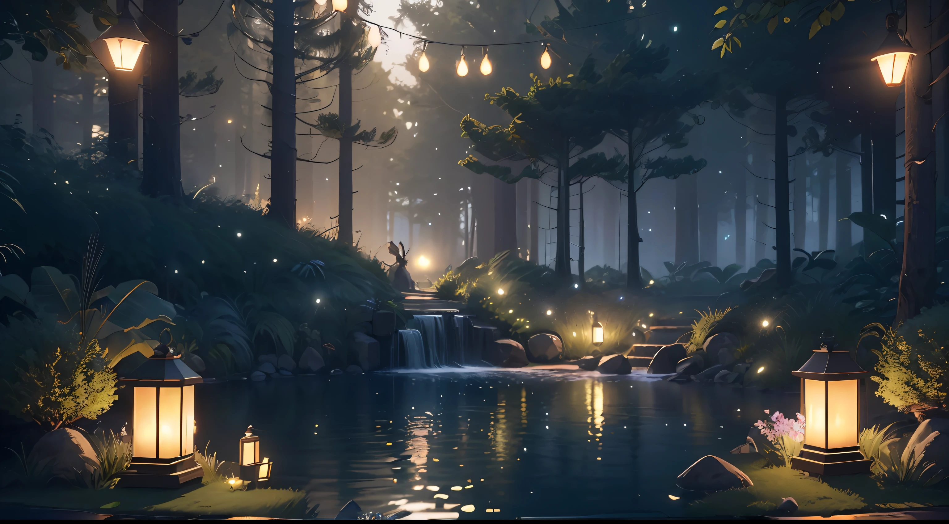 Masterpiece, best quality, (very detailed CG unity 8k wallpaper), (best quality), (best illustration), (best shadows), glow sprite, with a glowing deer, in the swimming pool Drinking water, natural elements in the forest theme. Mysterious forest, beautiful forest, nature, surrounded by flowers, delicate leaves and branches surrounded by fireflies (natural elements), (jungle theme), (leaves), (twigs), (fireflies), (particle effects) etc. 3D , Octane rendering, ray tracing, super detailed