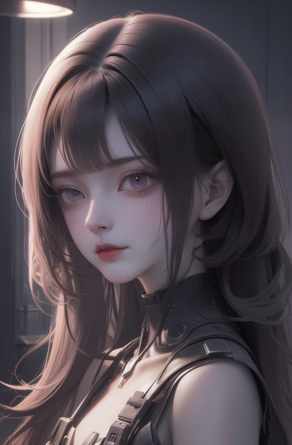 ((gloomy biopunk atmosphere)), (beautiful anime biopunk girl), (dark gray skin), lamp glowing eyes, very long brown hair, short clothing, steel dots in skin, cold lighting, (scorn videogame style), horror atmosphere, presence of something terrible, biopunk background, background by Hans Giger, perfect anatomy, masterpiece
