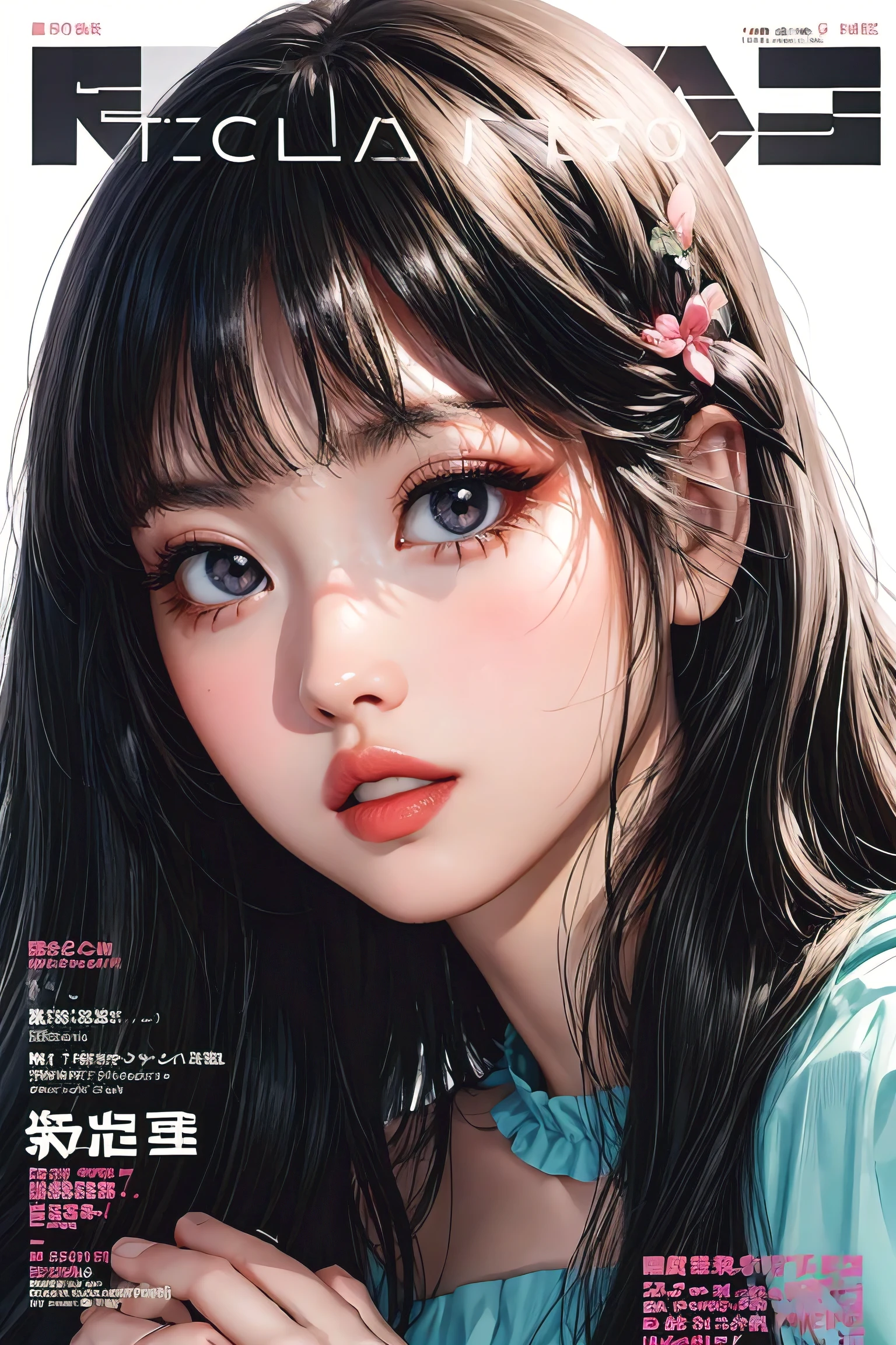 (magazine cover:1.3), "FACE", photorealistic, lip gloss, painting, realistic, best quality, ultra high resolution, depth, pastel color, natural shading, focus on face, face only, looking at viewer, long hair, hair accessory, black hair, brown and well detailed eyes, Dress